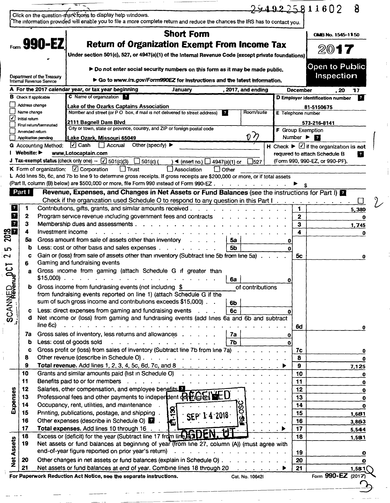 Image of first page of 2017 Form 990EZ for Captains Association of Missouri