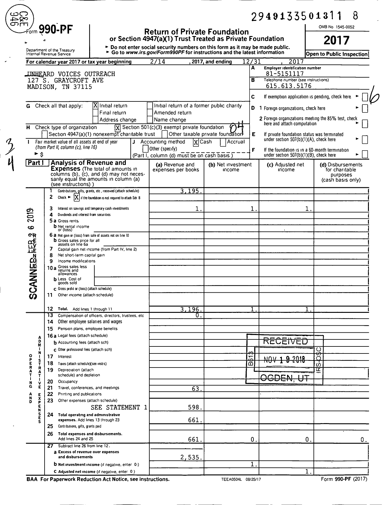 Image of first page of 2017 Form 990PF for Unheard Voices Outreach