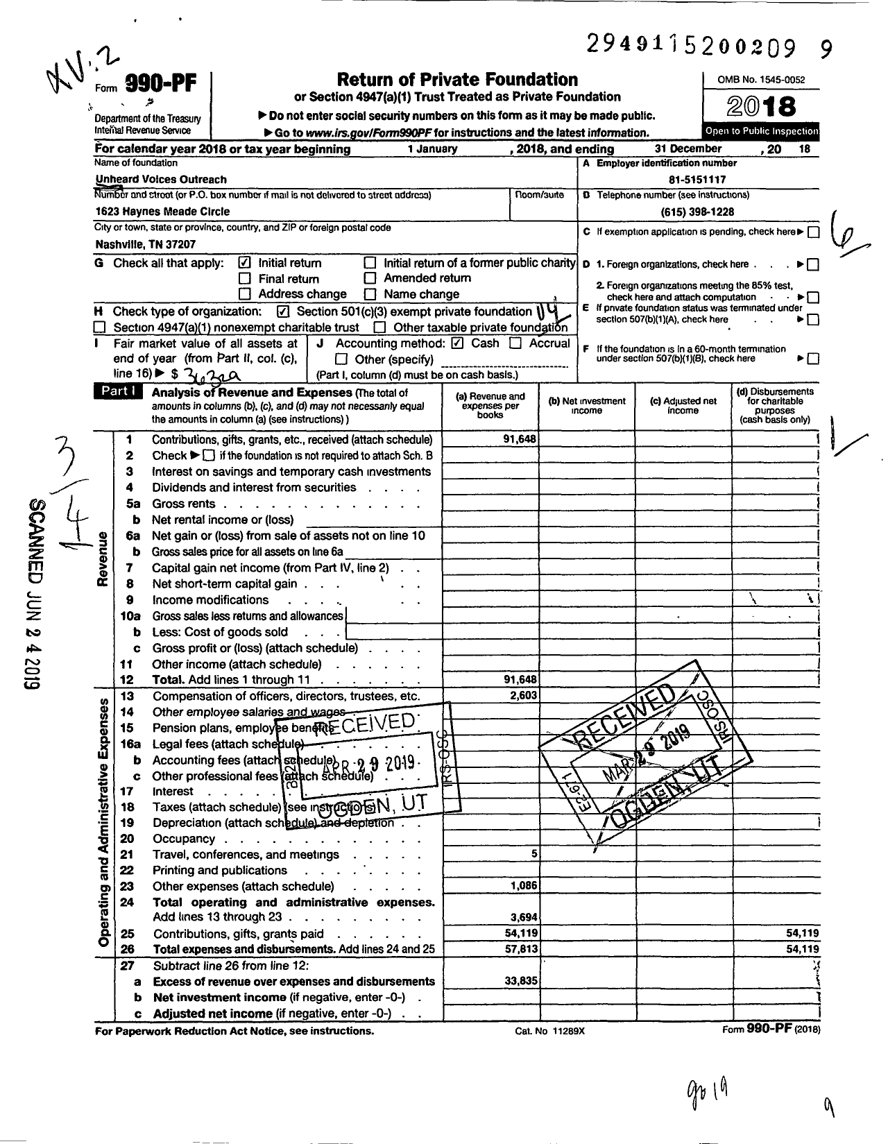 Image of first page of 2018 Form 990PF for Unheard Voices Outreach