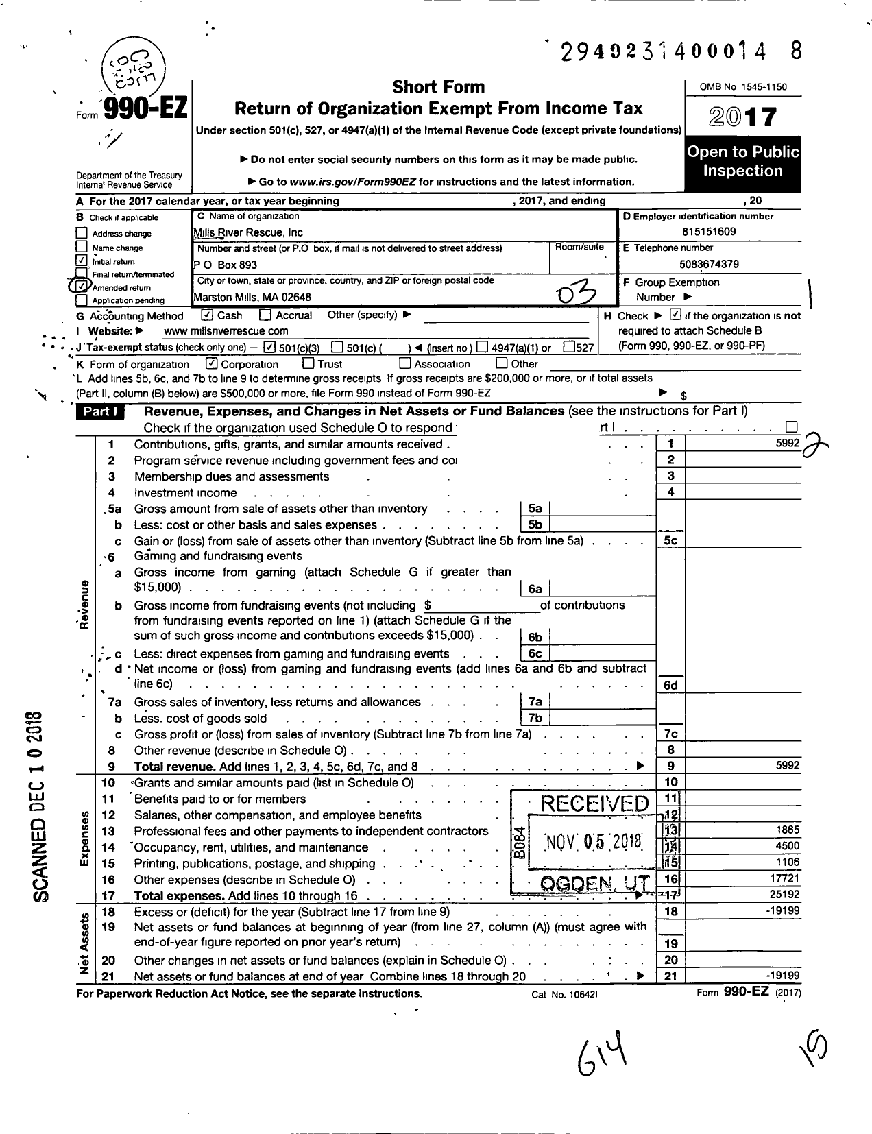 Image of first page of 2017 Form 990EZ for Mills River Rescue