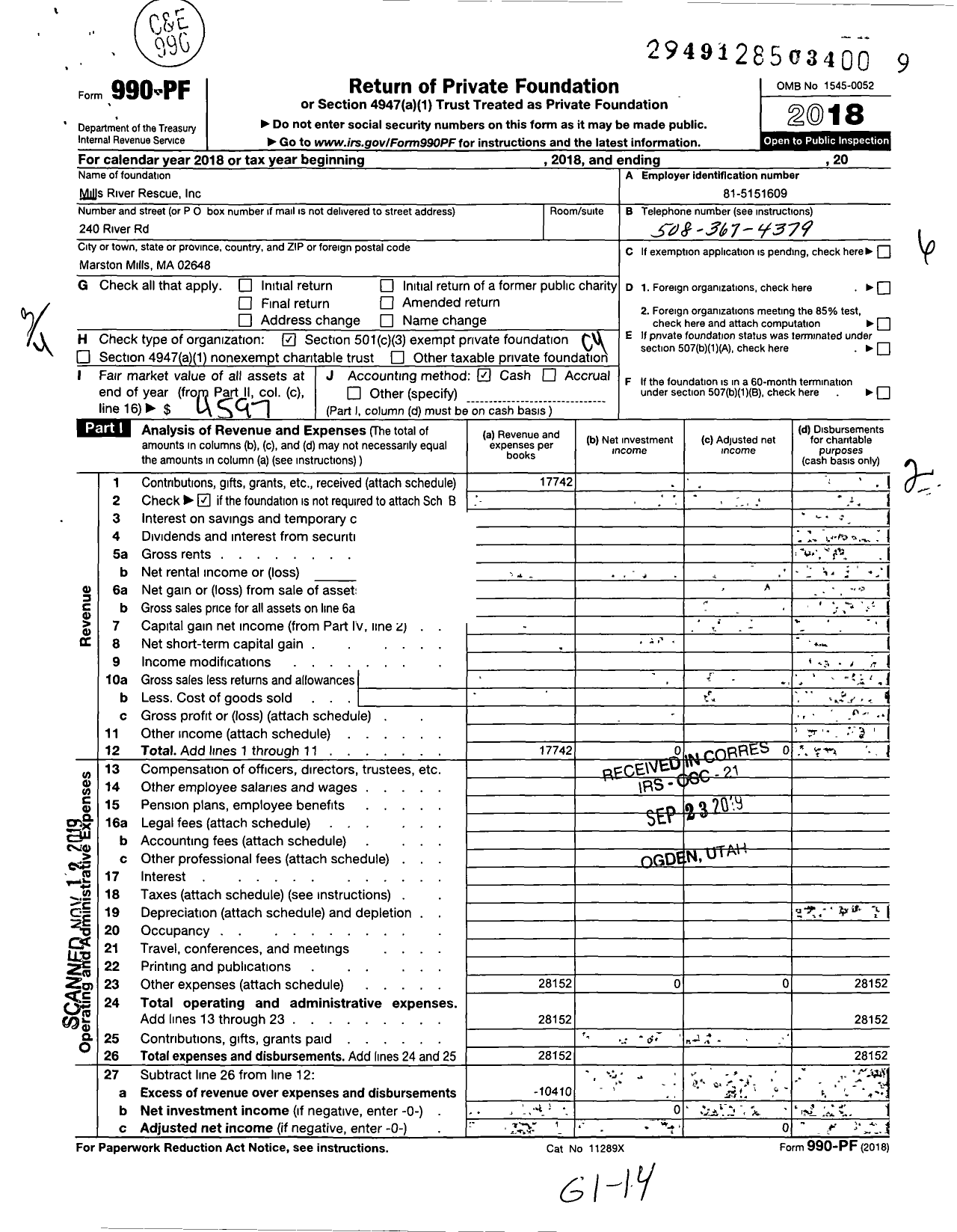 Image of first page of 2018 Form 990PF for Mills River Rescue