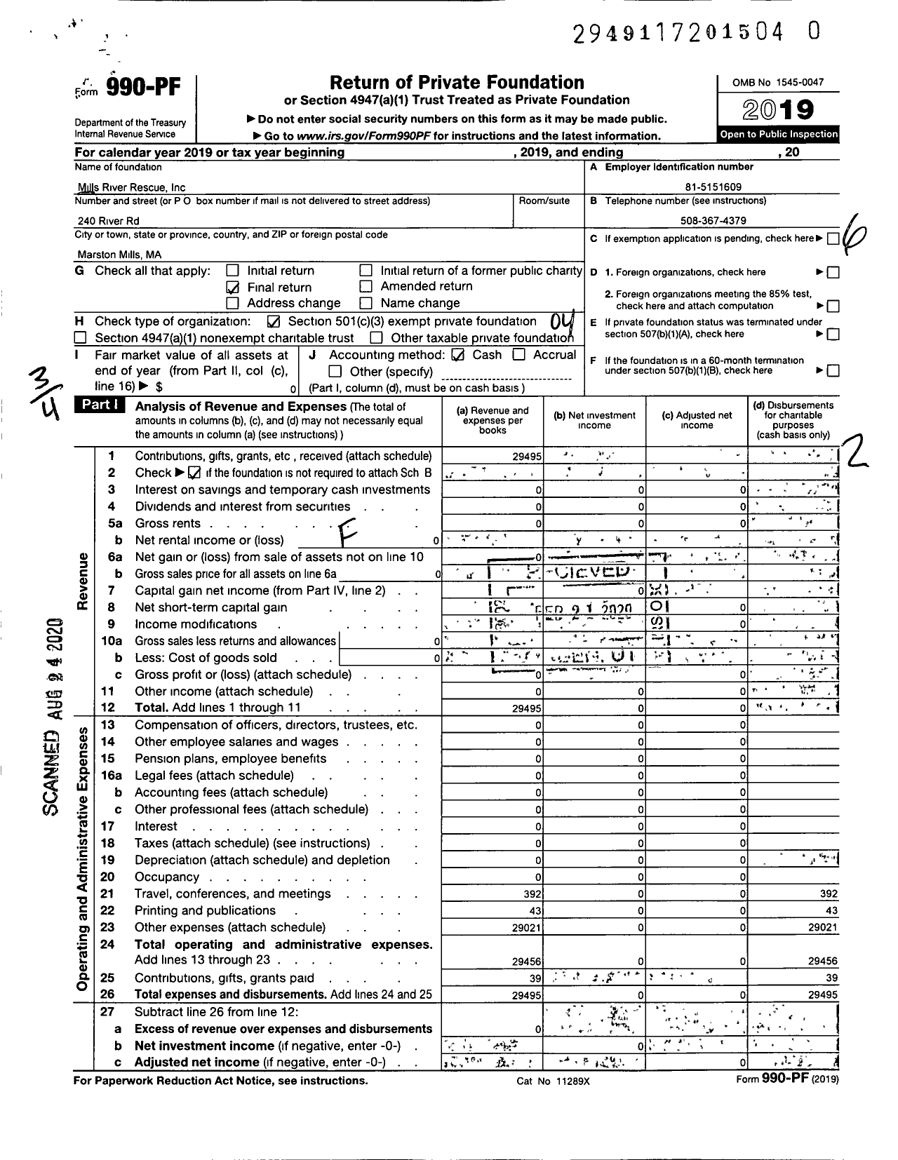 Image of first page of 2019 Form 990PR for Mills River Rescue