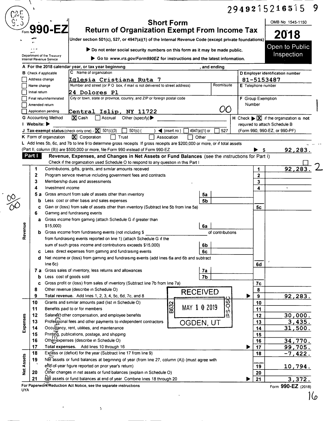 Image of first page of 2018 Form 990EO for Iglesia Cristiana Ruta 7