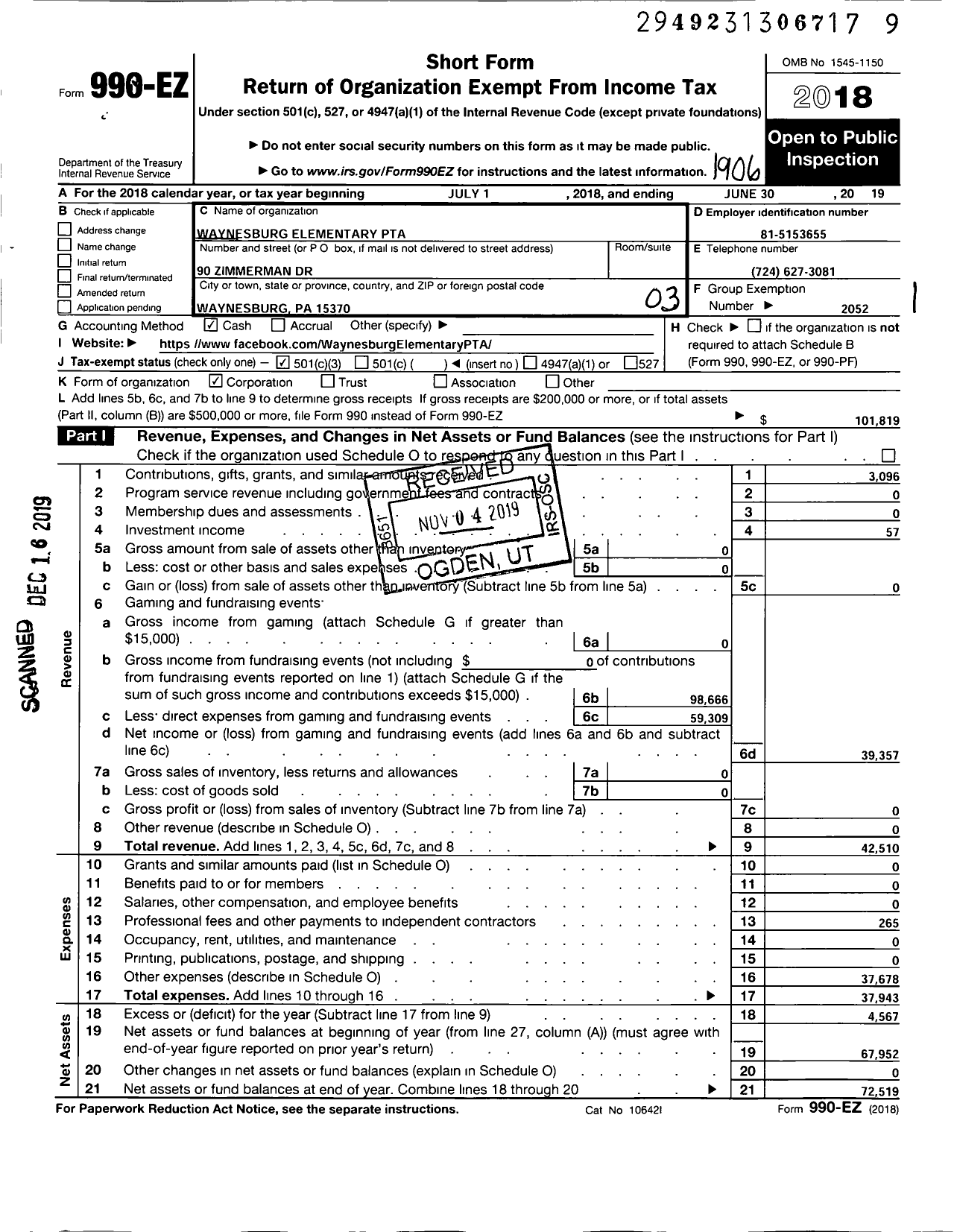 Image of first page of 2018 Form 990EZ for Waynesburg Elementaty PTA