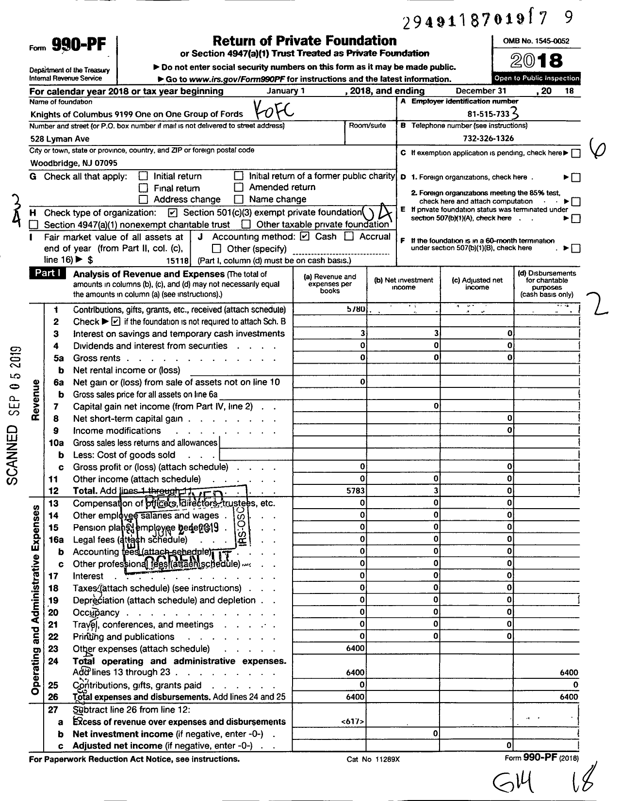 Image of first page of 2018 Form 990PF for K of C 9199 One on One Group of Fords A NJ Nonprofit Corporation