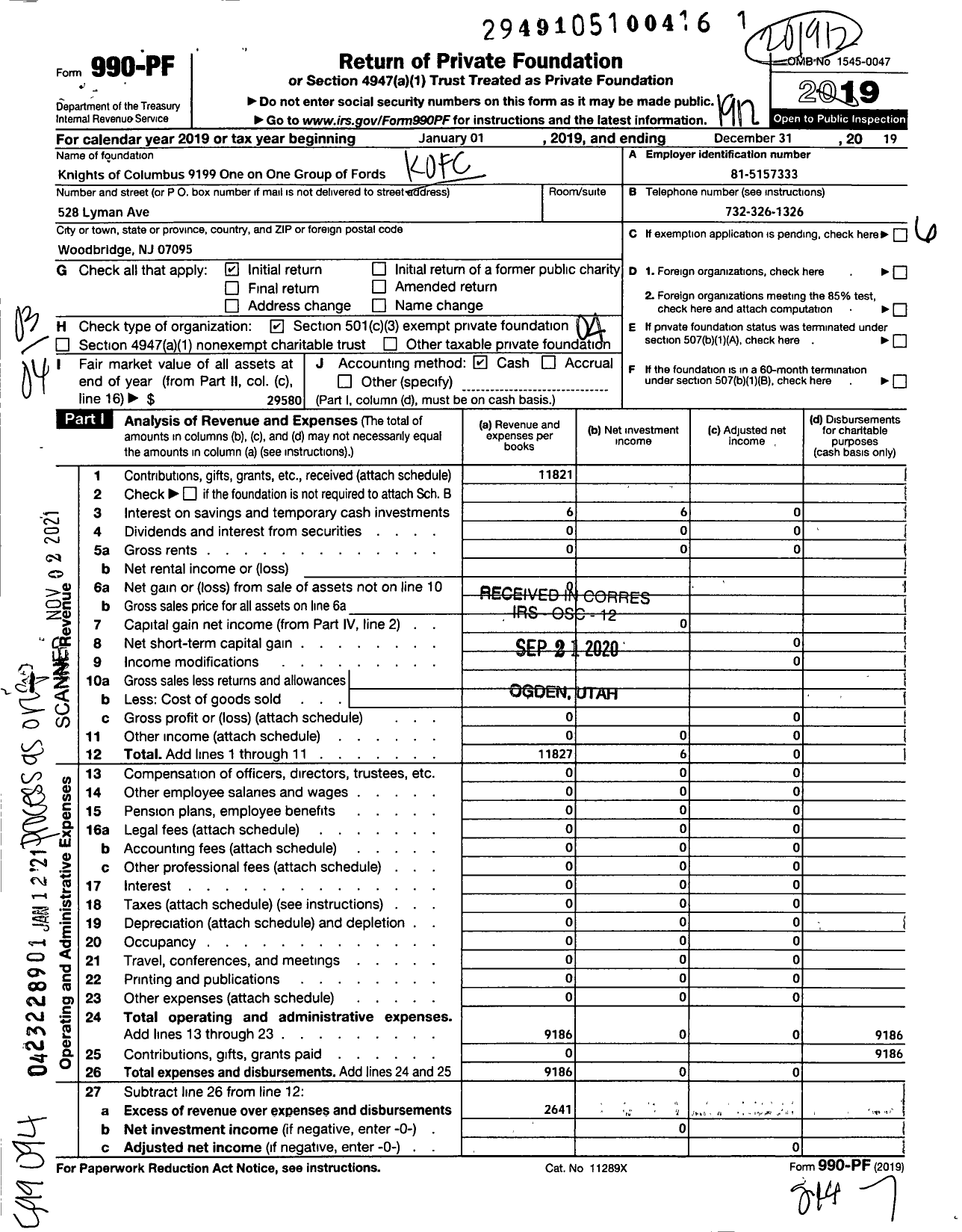 Image of first page of 2019 Form 990PF for K of C 9199 One on One Group of Fords A NJ Nonprofit Corporation