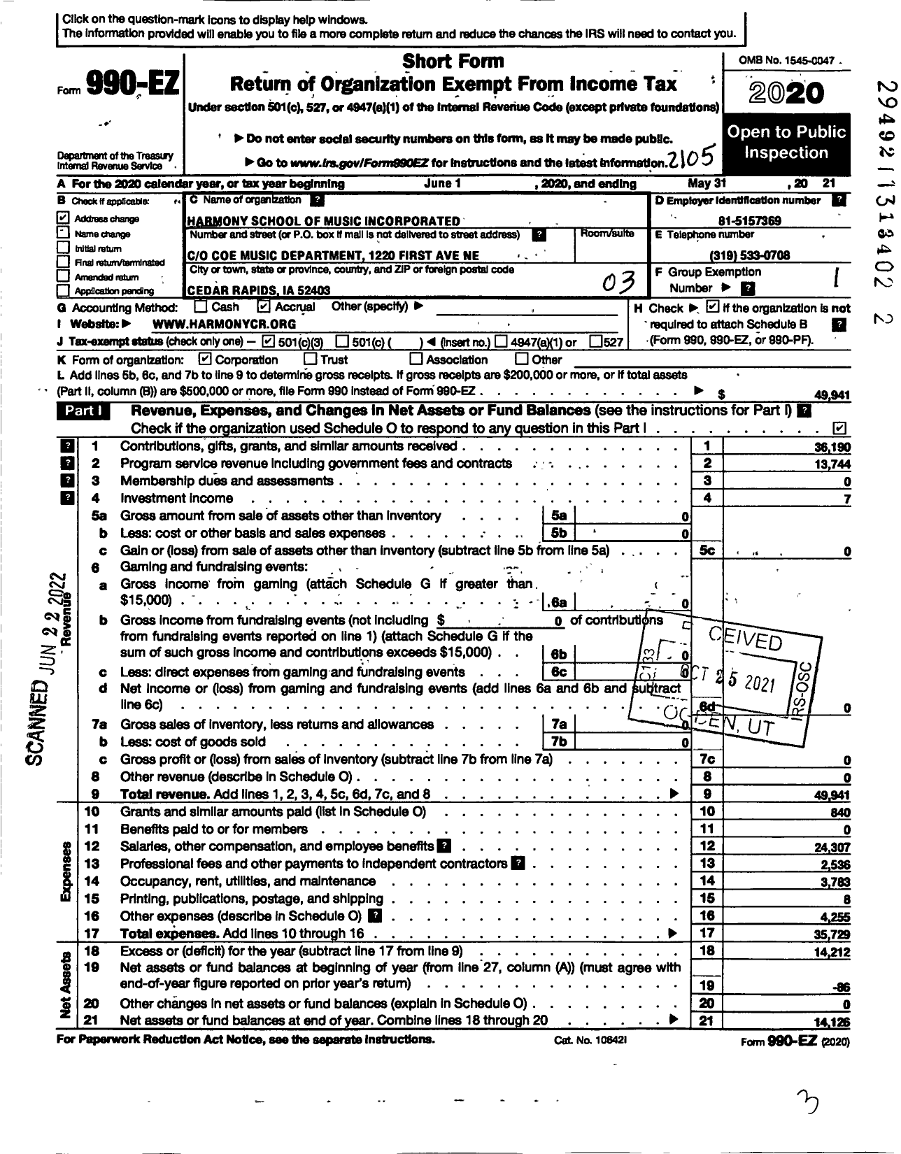 Image of first page of 2020 Form 990EZ for Harmony School of Music Incorporated