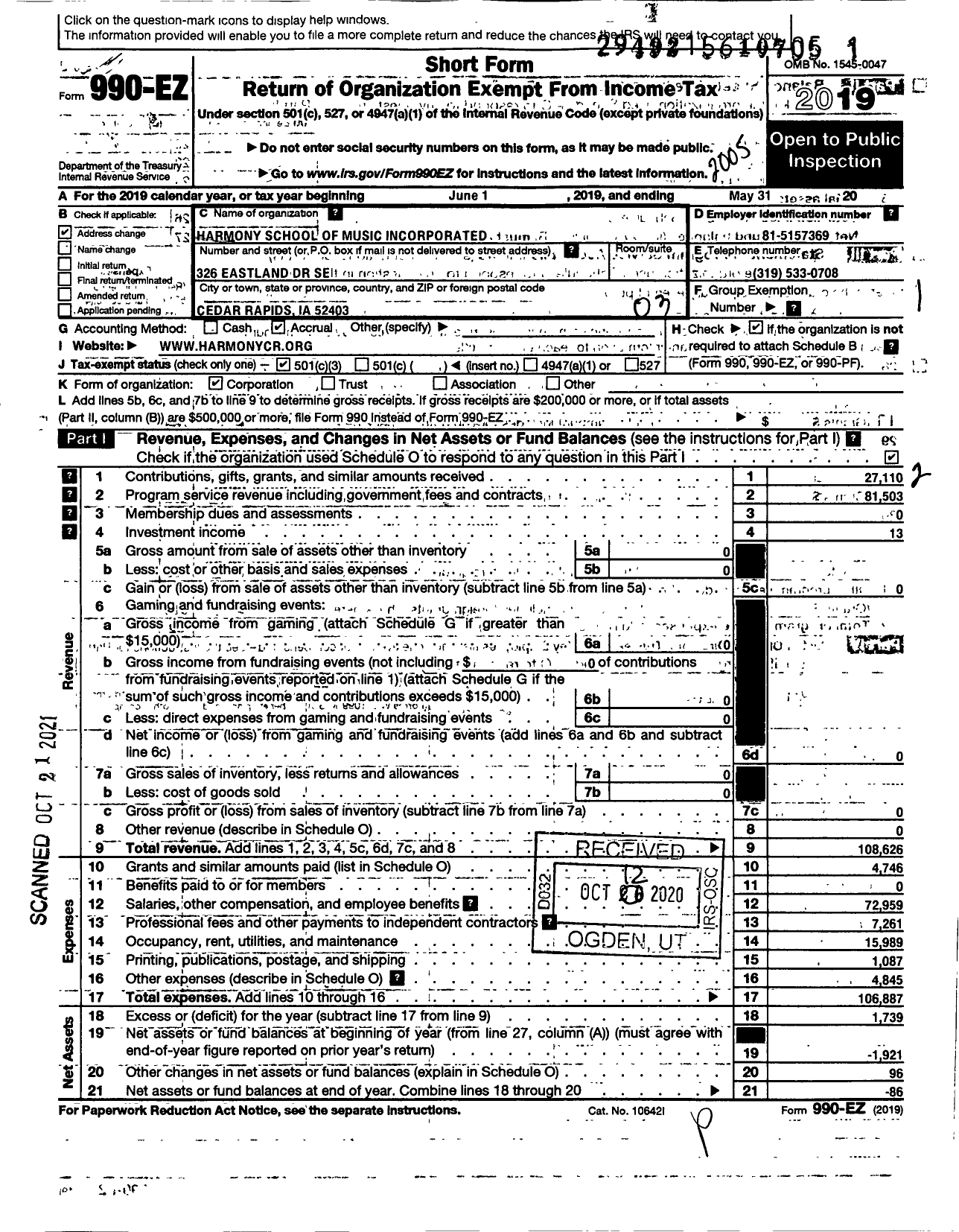 Image of first page of 2019 Form 990EZ for Harmony School of Music Incorporated