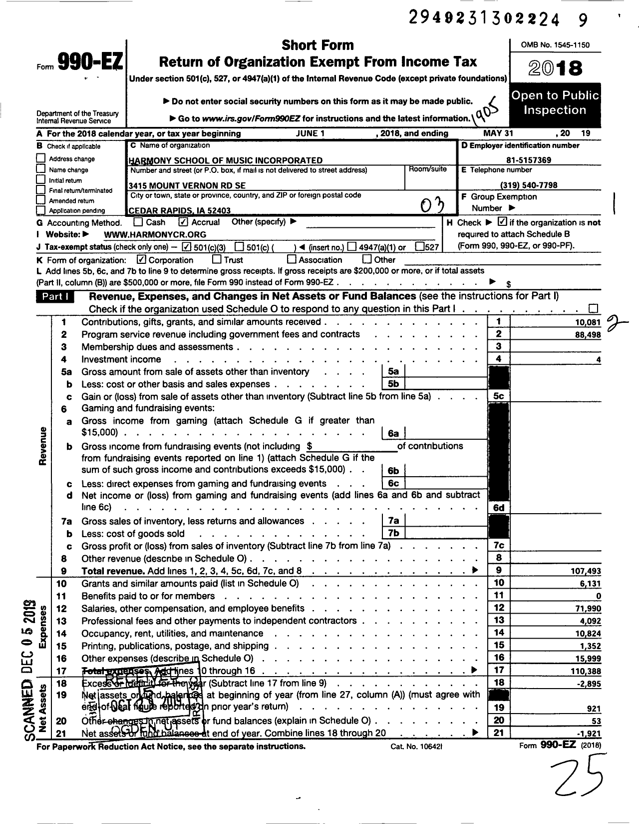 Image of first page of 2018 Form 990EZ for Harmony School of Music Incorporated