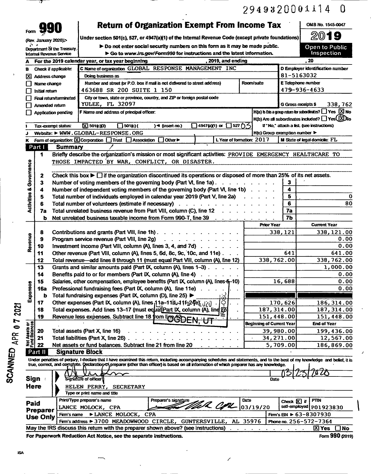 Image of first page of 2019 Form 990 for Global Response Medicine