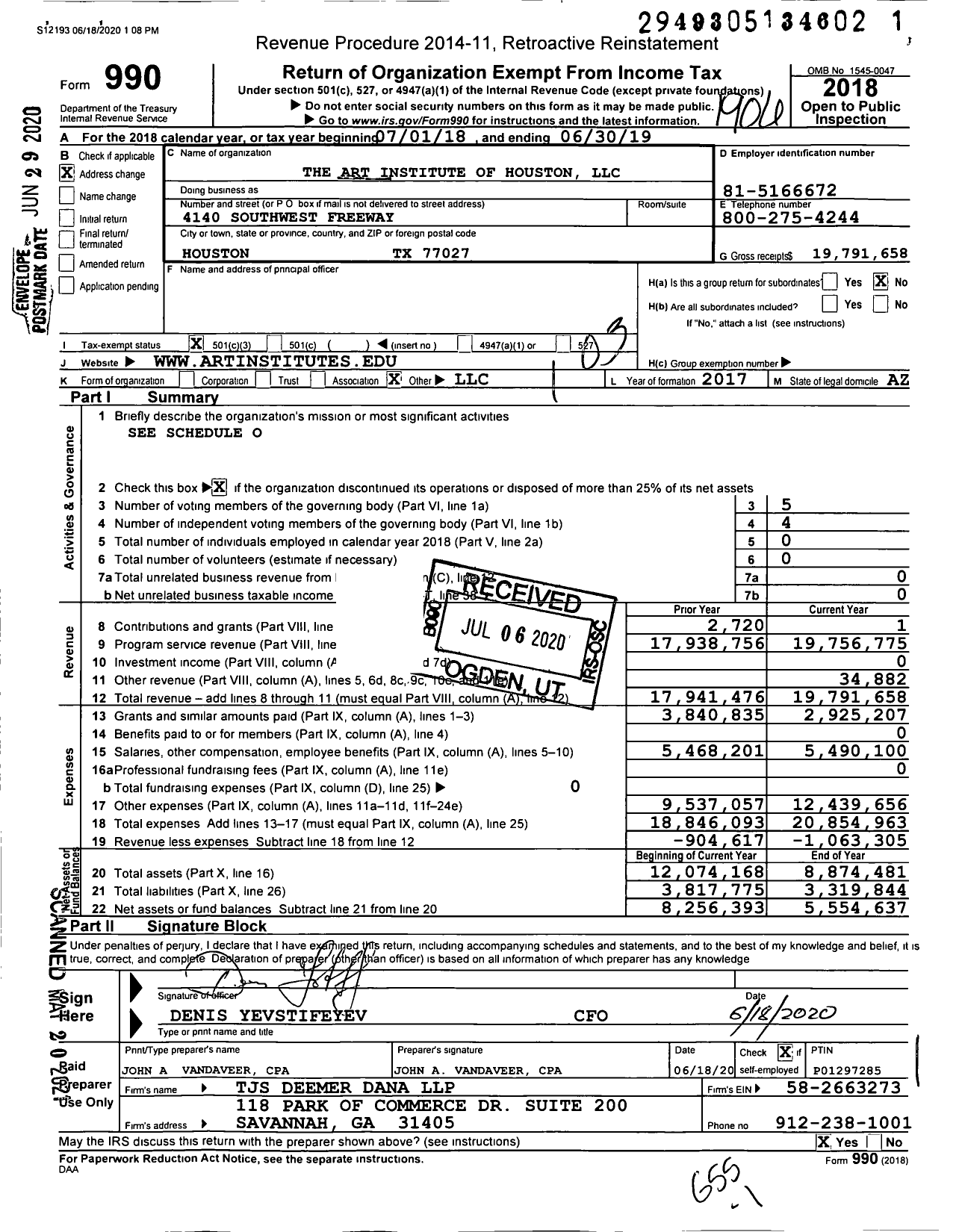Image of first page of 2018 Form 990 for The Art Institute of Houston LLC