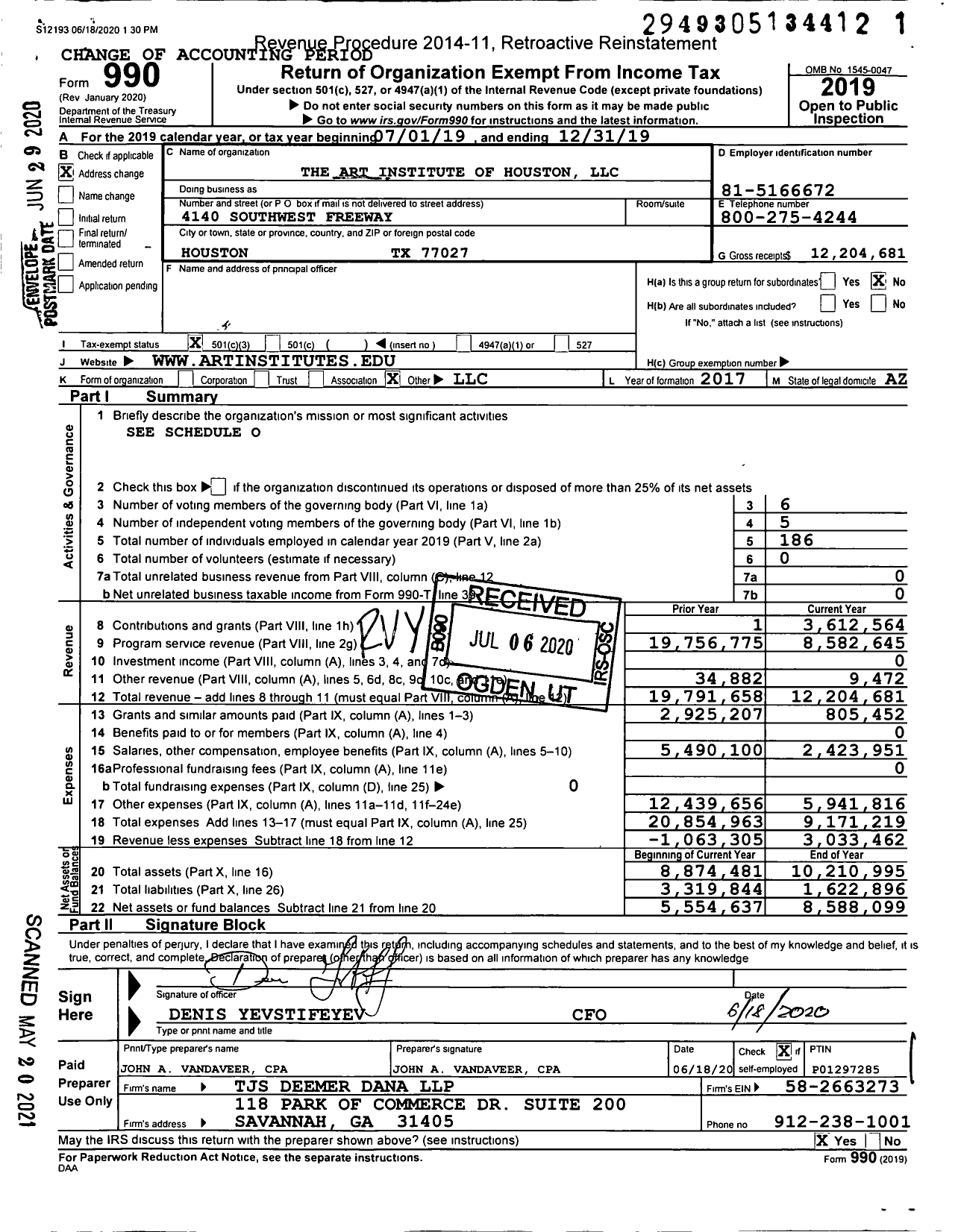 Image of first page of 2019 Form 990 for The Art Institute of Houston LLC