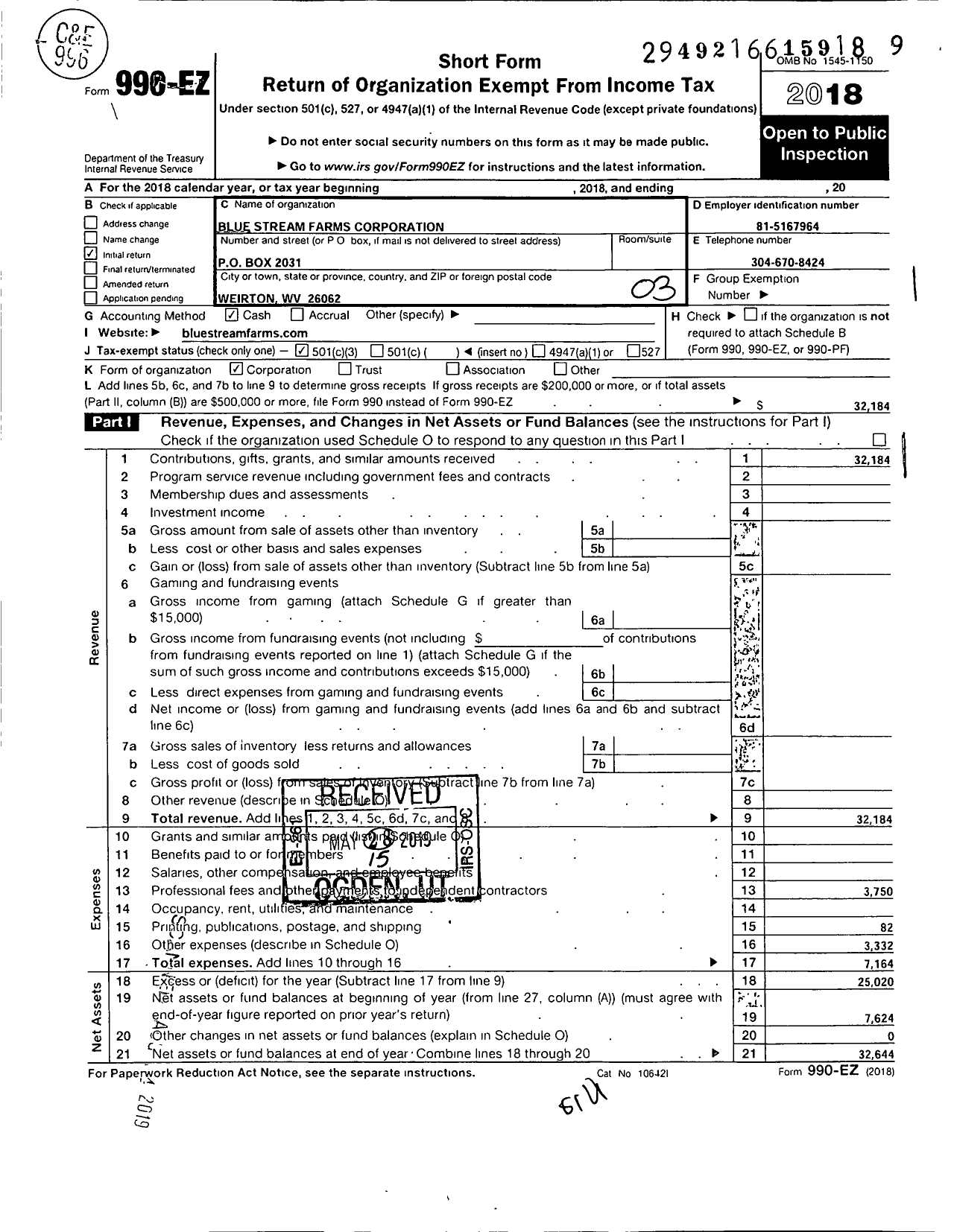 Image of first page of 2018 Form 990EZ for Blue Stream Farms Corporation