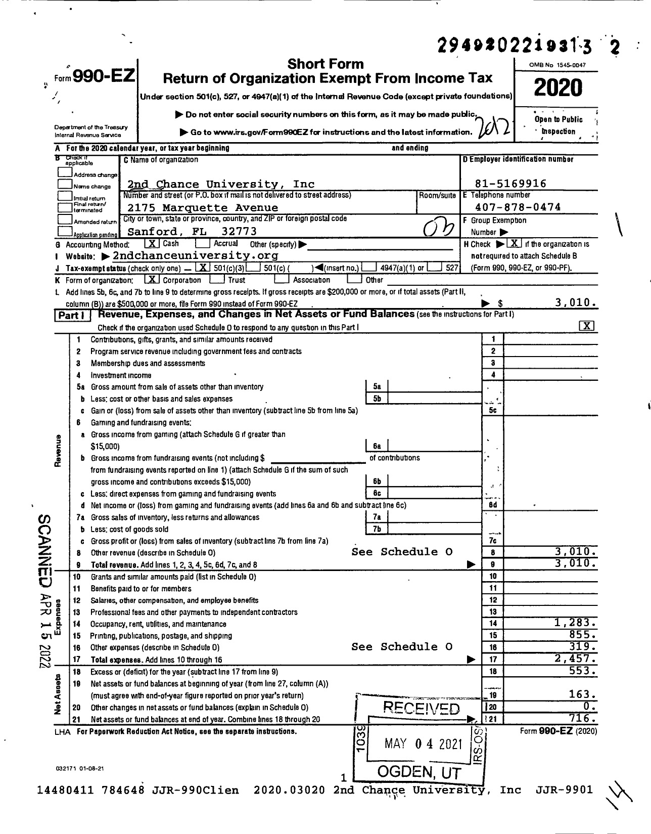 Image of first page of 2020 Form 990EZ for 2nd Chance University