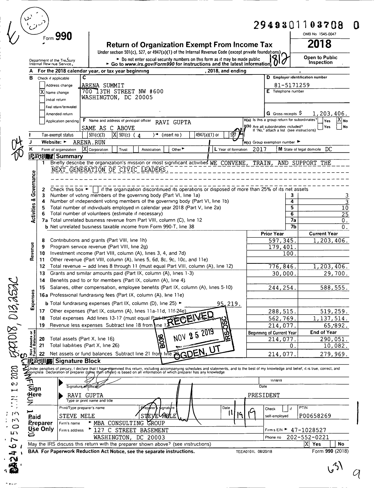 Image of first page of 2018 Form 990O for Arena Summit