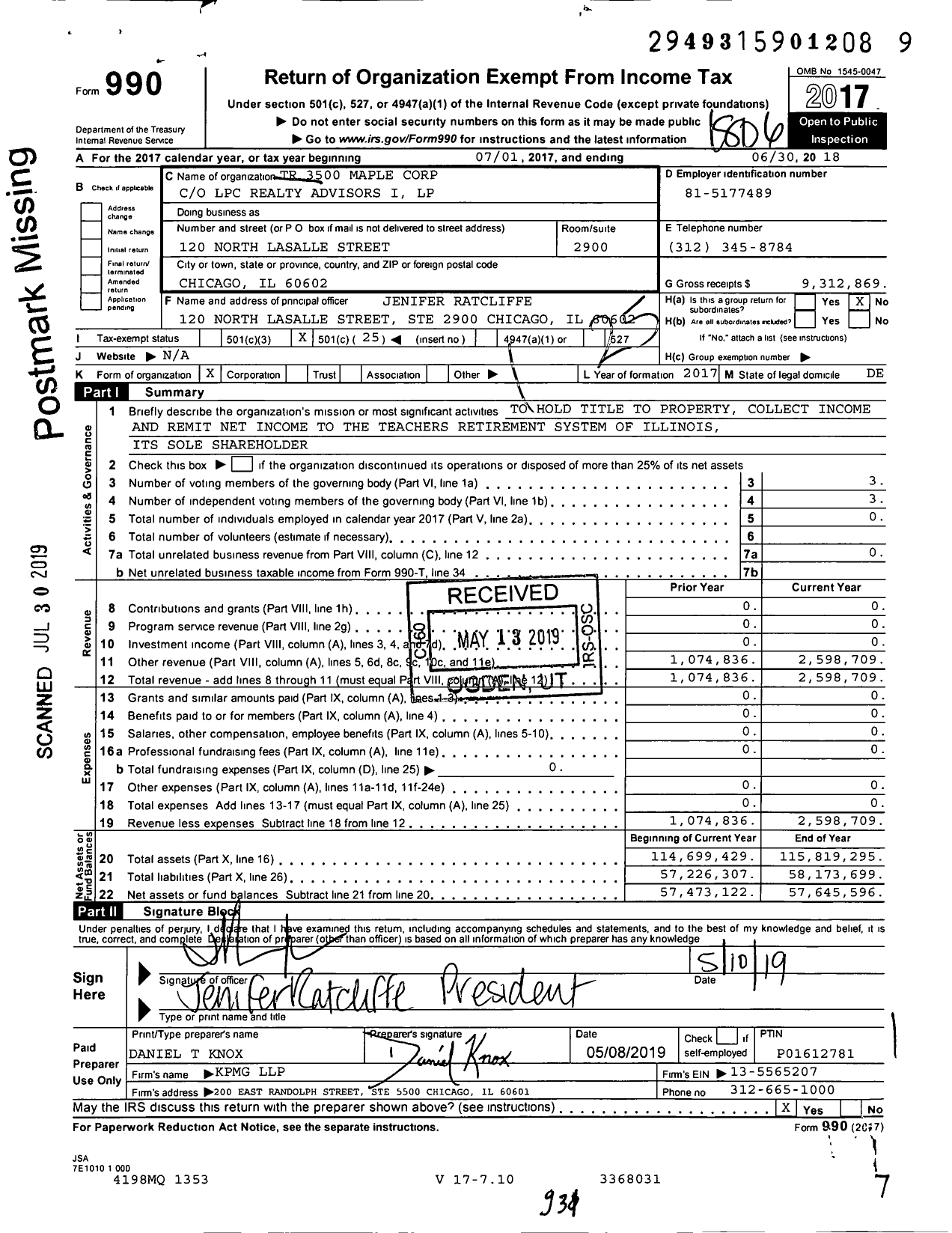 Image of first page of 2017 Form 990O for TR 3500 Maple Corporation