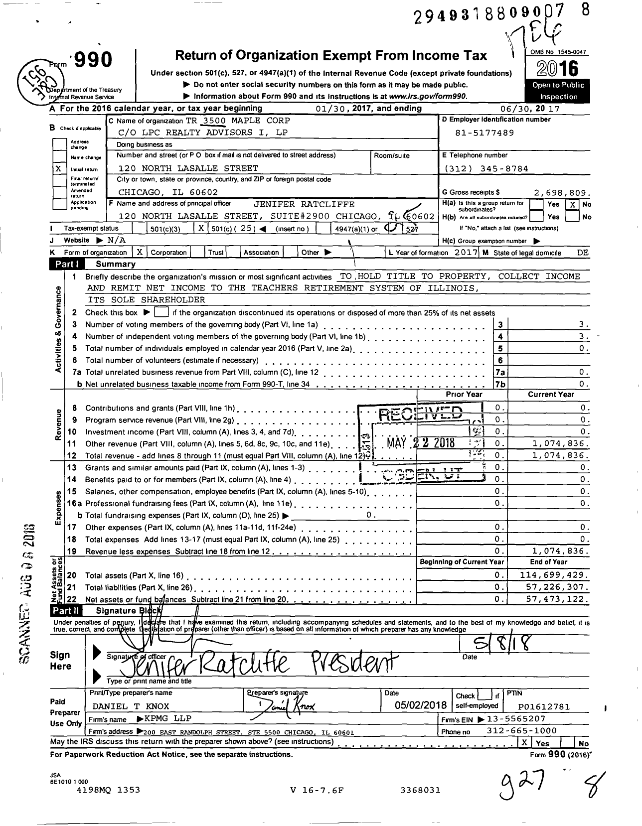 Image of first page of 2016 Form 990O for TR 3500 Maple Corporation