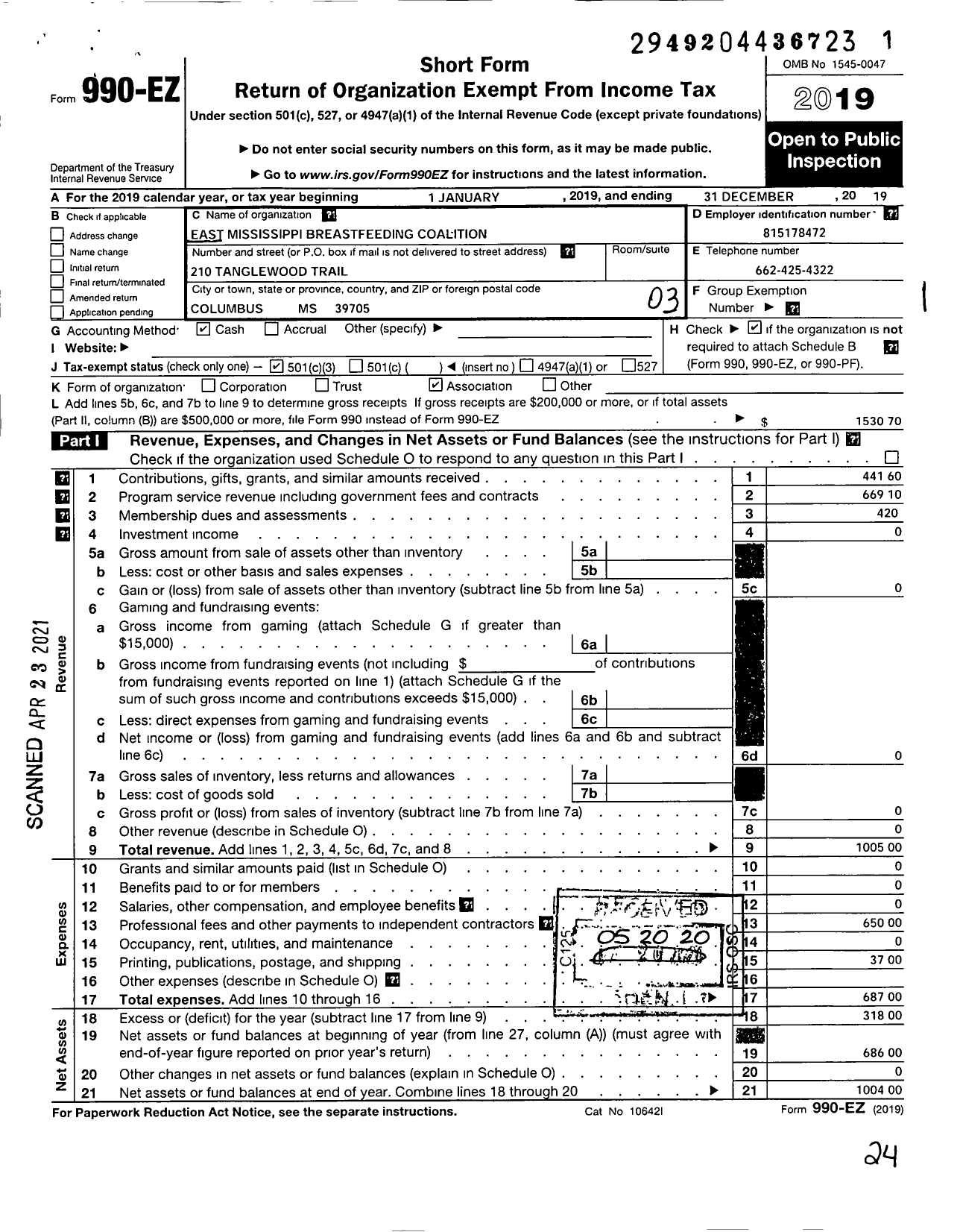 Image of first page of 2019 Form 990EZ for East Mississippi Breastfeeding Coalition