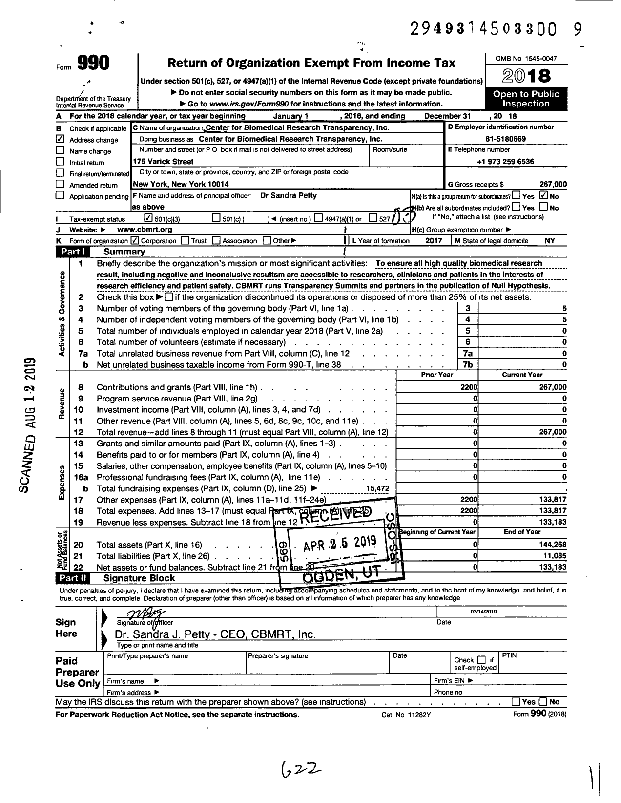 Image of first page of 2018 Form 990 for Center for Biomedical Research and Transparency