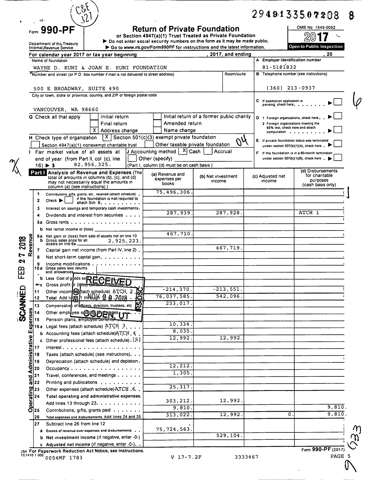 Image of first page of 2017 Form 990PF for Wayne D Kuni and Joan E Kuni Foundation