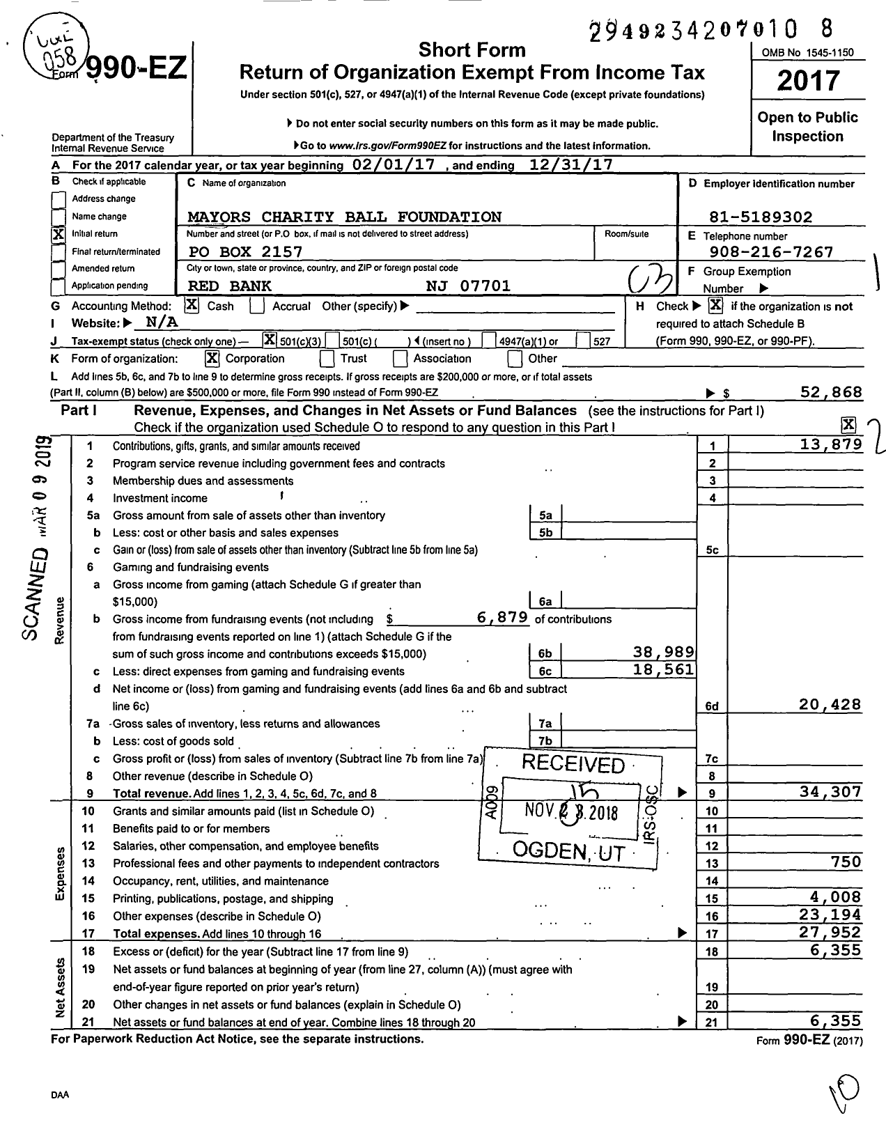 Image of first page of 2017 Form 990EZ for Mayors Charity Ball Foundation