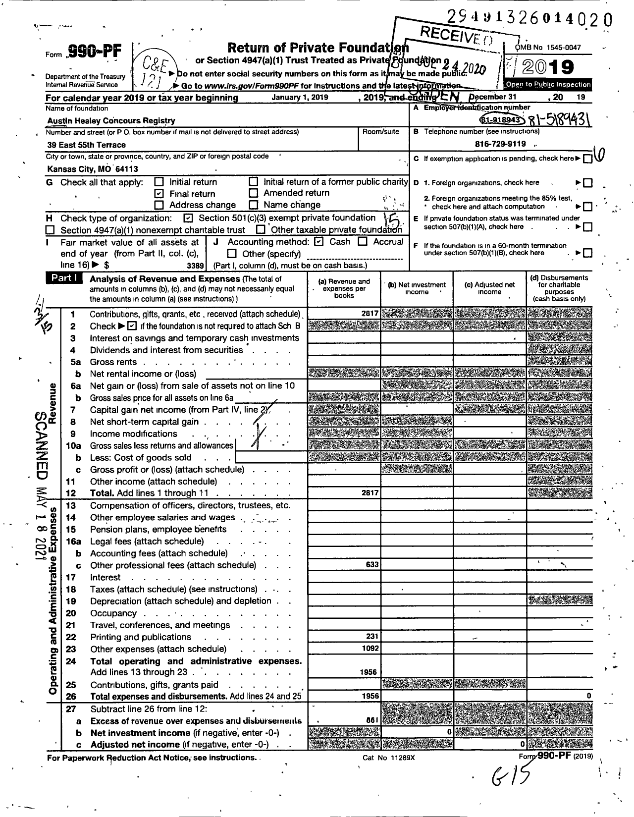 Image of first page of 2019 Form 990PF for Austin Healey Concours Registry