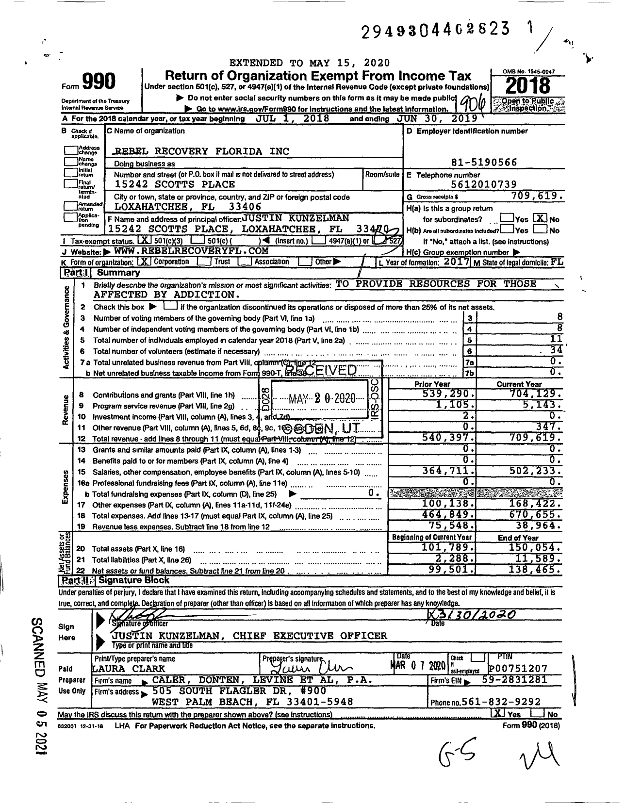 Image of first page of 2018 Form 990 for Rebel Recovery Florida