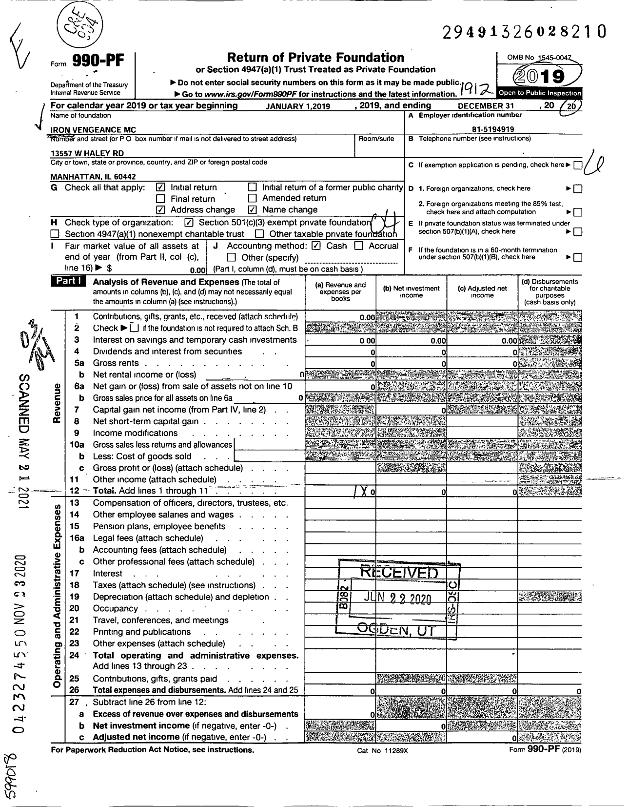 Image of first page of 2019 Form 990PF for Iron Vengeance MC