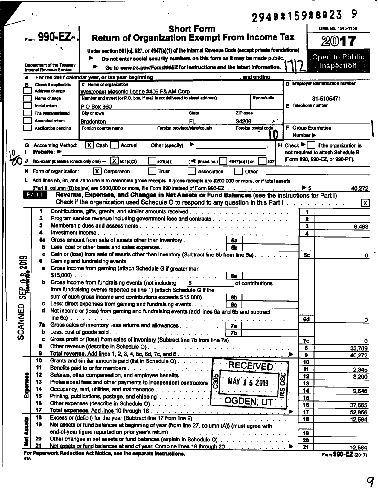 Image of first page of 2017 Form 990EO for Free and Accepted Masons of Florida - 409 West Coast Lodge