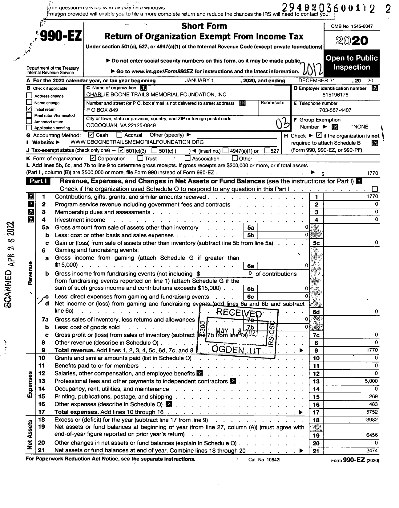 Image of first page of 2020 Form 990EZ for Charlie Boone Trails Memorial Foundation