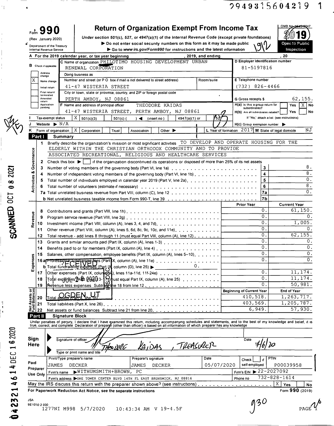 Image of first page of 2019 Form 990 for Philotimo Housing Development Urban Renewal Corporation