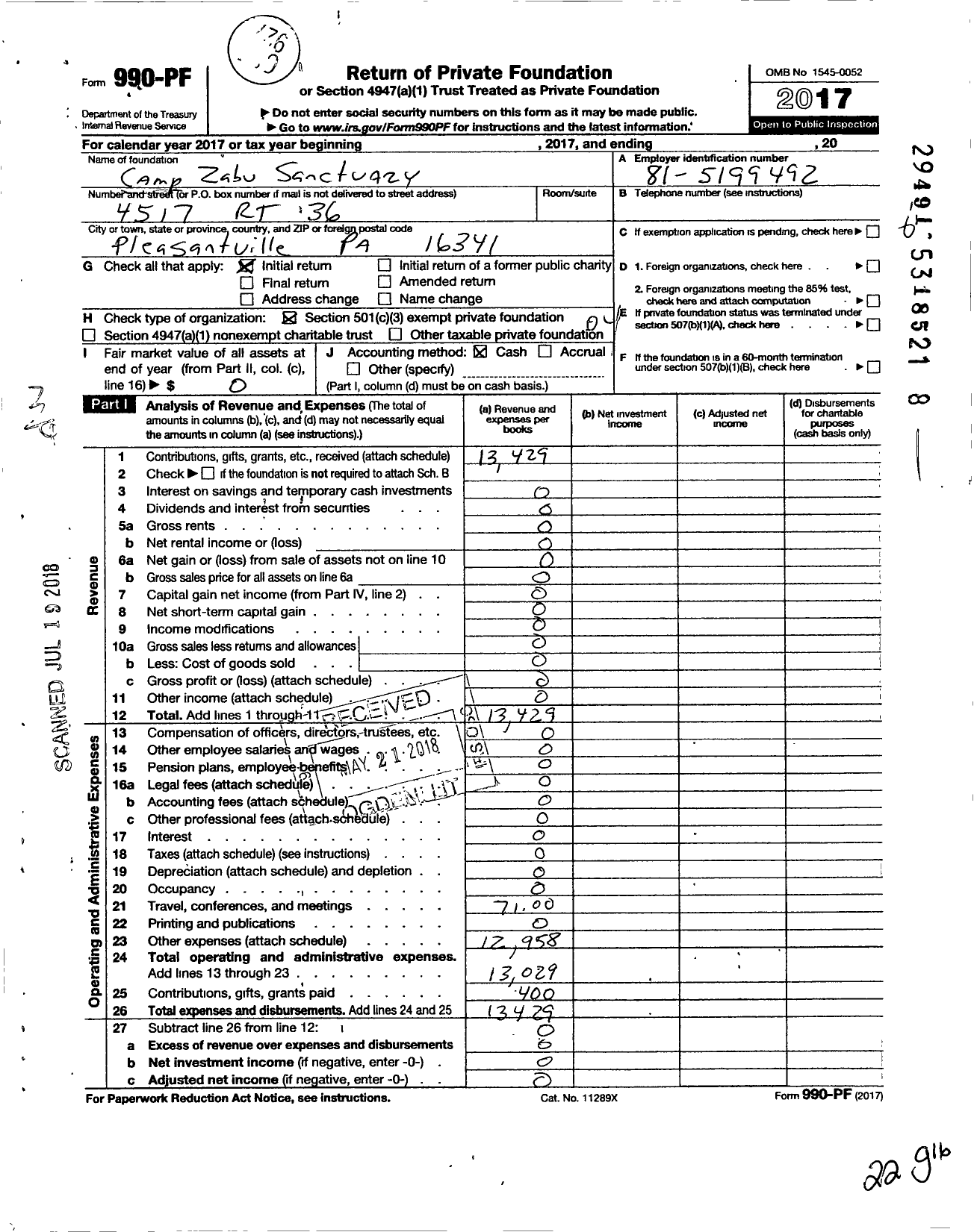 Image of first page of 2017 Form 990PF for Camp Zabu Sanctuary