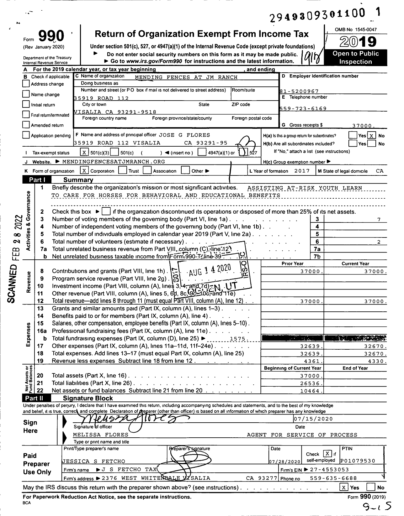 Image of first page of 2019 Form 990 for Mending Fences at JM Ranch