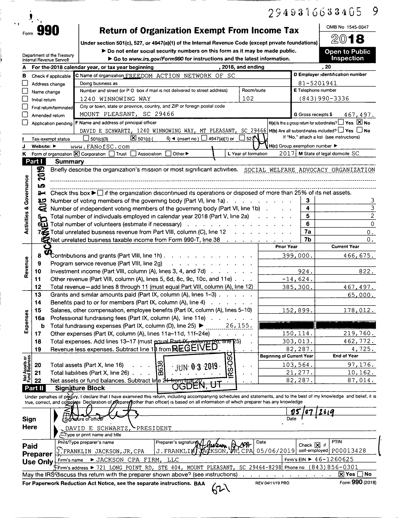 Image of first page of 2018 Form 990O for Freedom Action Network of SC