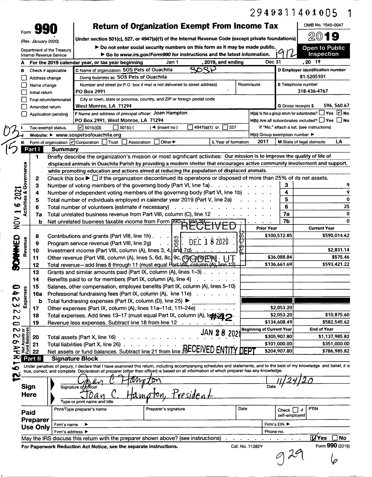 Image of first page of 2019 Form 990 for Sos Pets of Ouachita