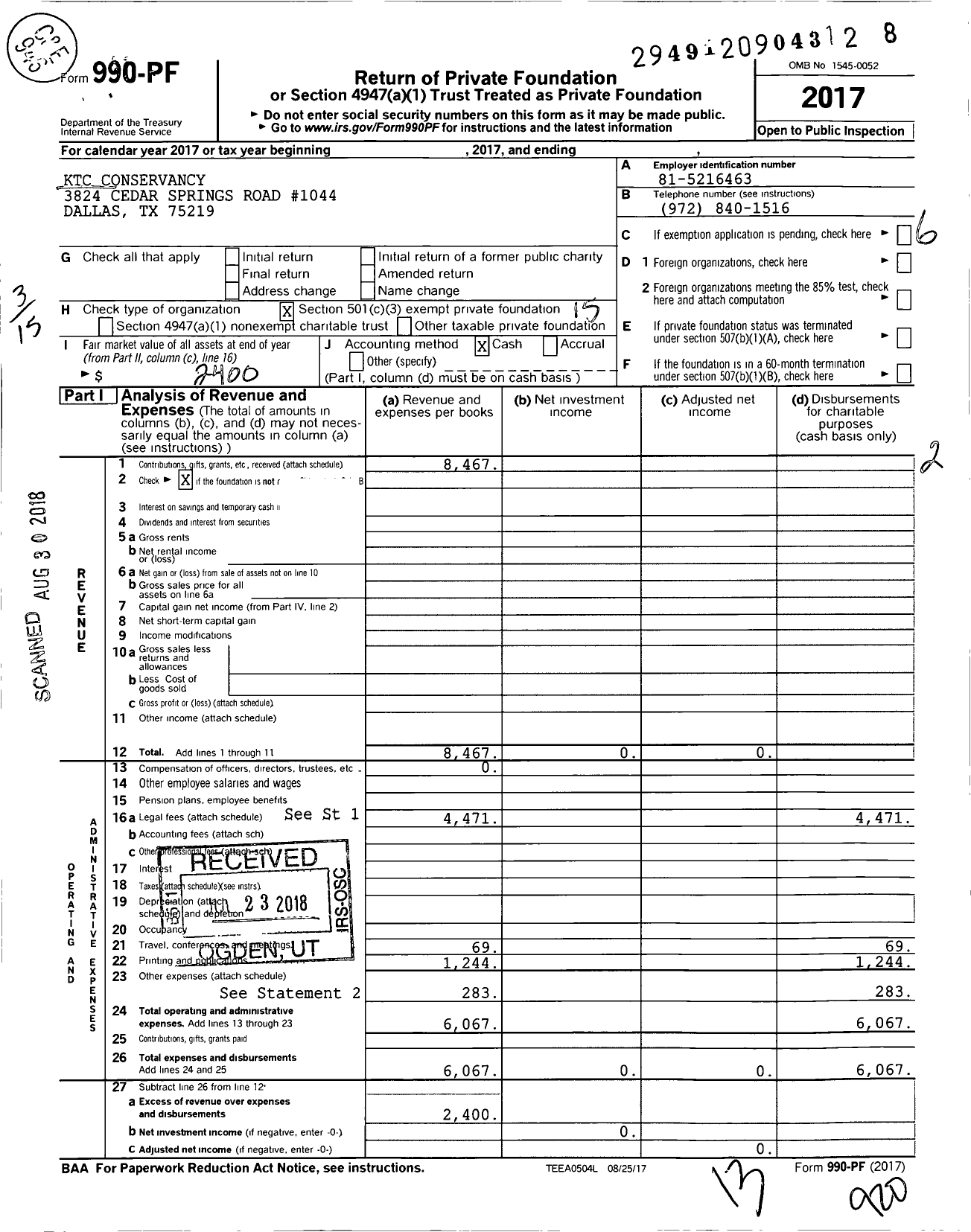 Image of first page of 2017 Form 990PF for KTC Conservancy