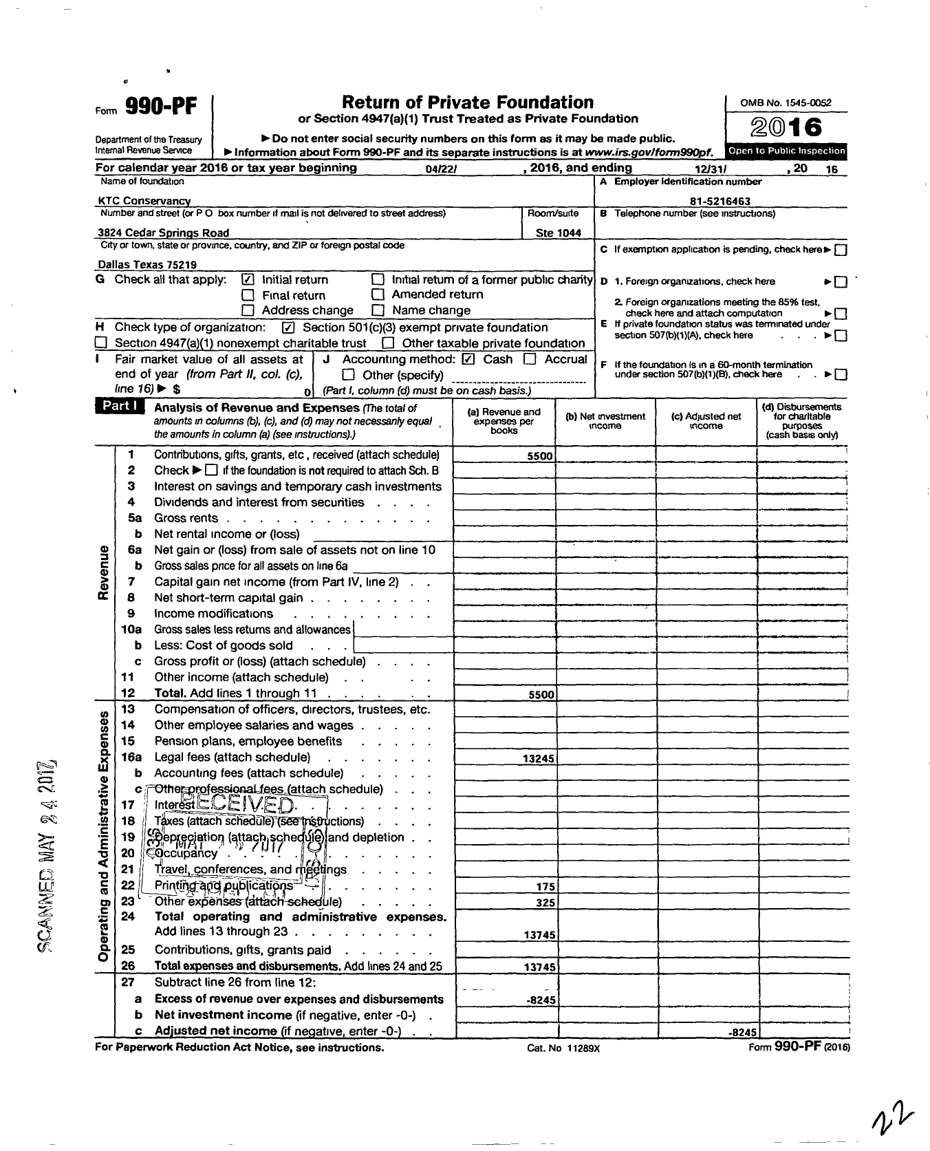 Image of first page of 2016 Form 990PF for KTC Conservancy