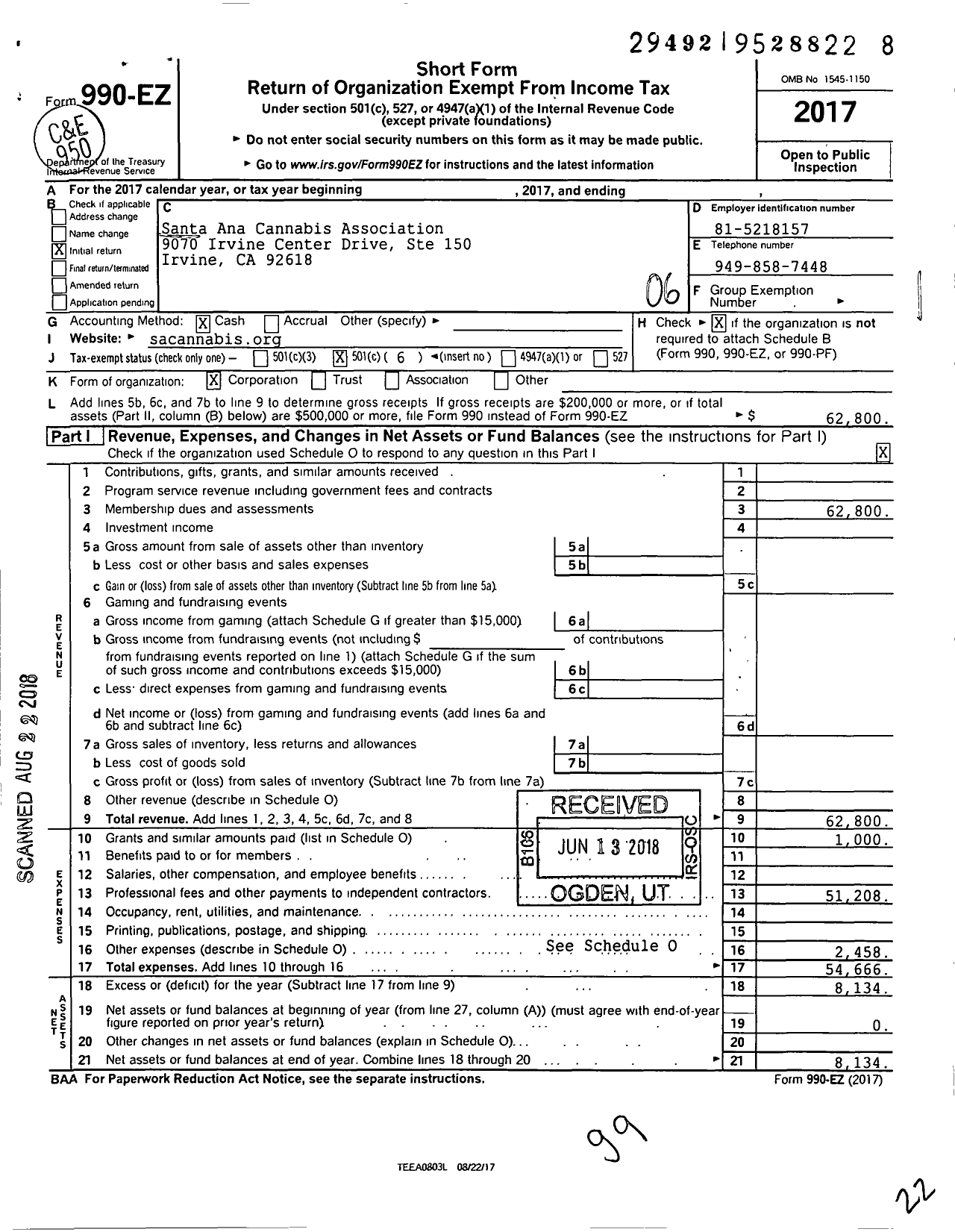 Image of first page of 2017 Form 990EO for Santa Ana Cannabis Association