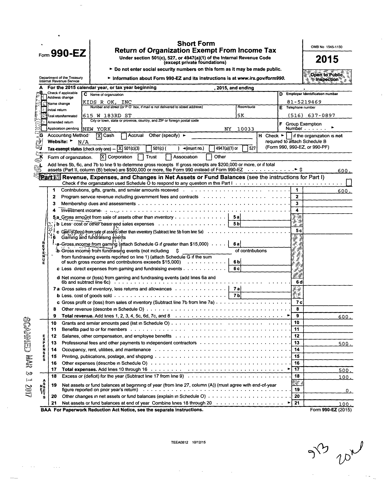 Image of first page of 2015 Form 990EZ for Kids R Ok