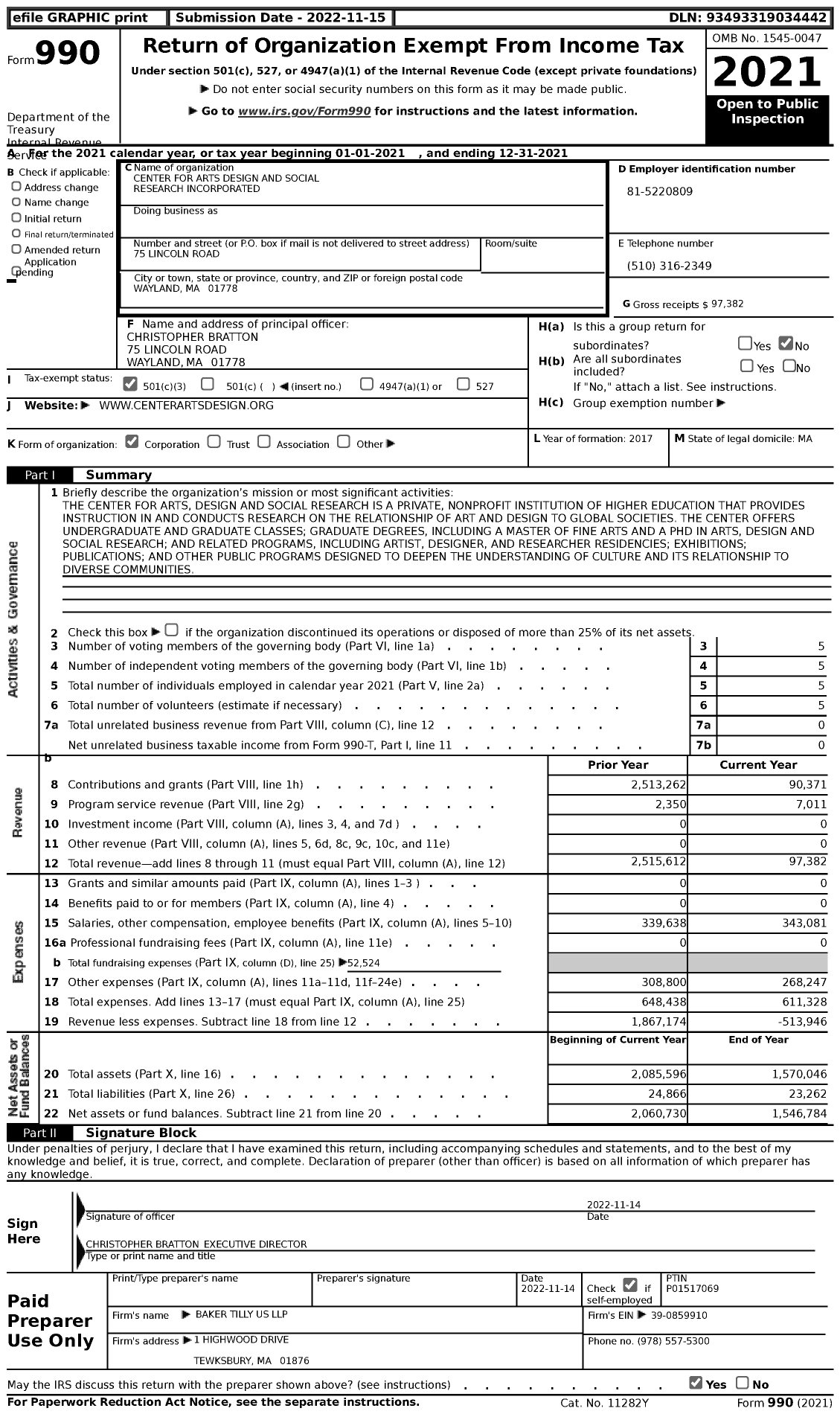 Image of first page of 2021 Form 990 for Center for Arts Design and Social Research Incorporated