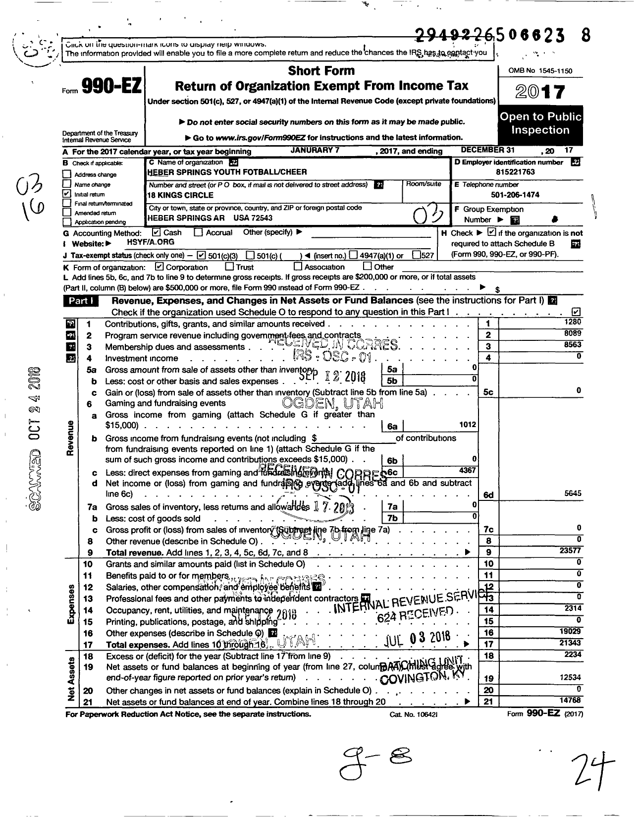 Image of first page of 2017 Form 990EZ for Heber Springs Youth Football and Cheer