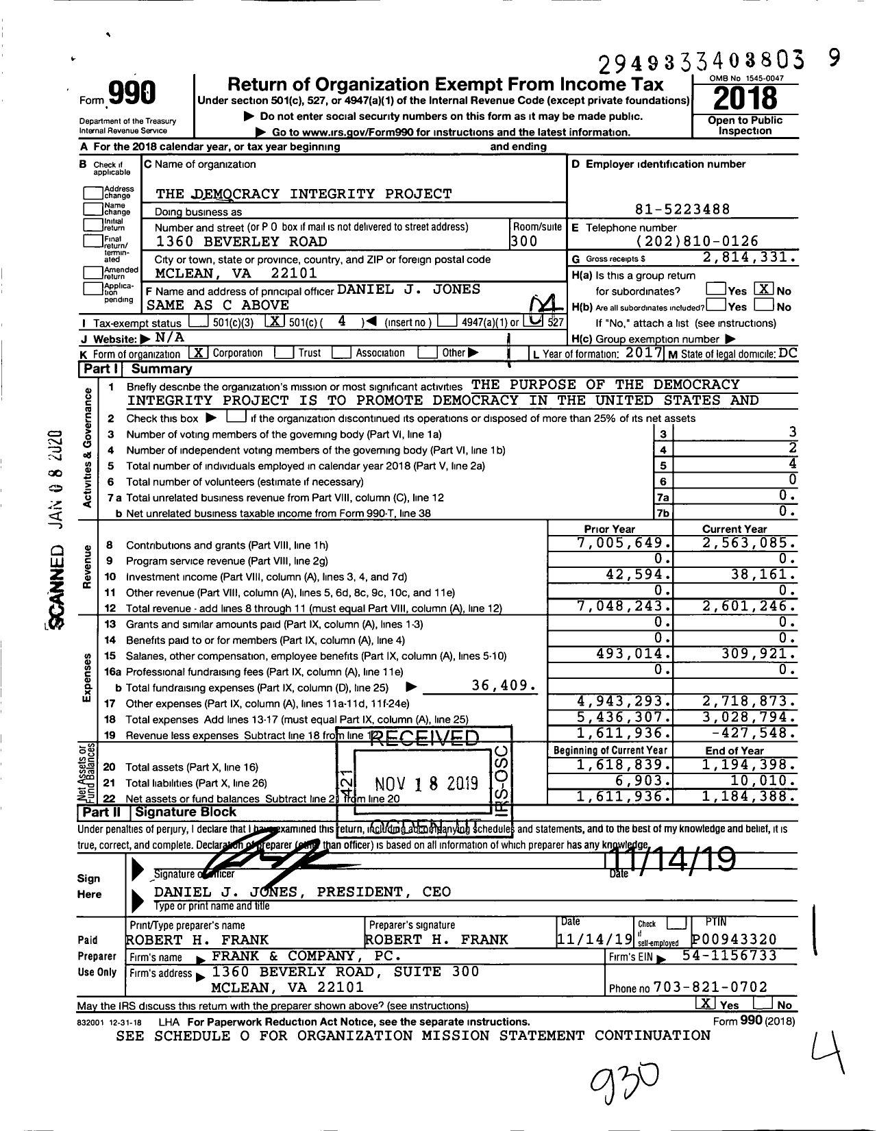 Image of first page of 2018 Form 990O for The Democracy Integrity Project