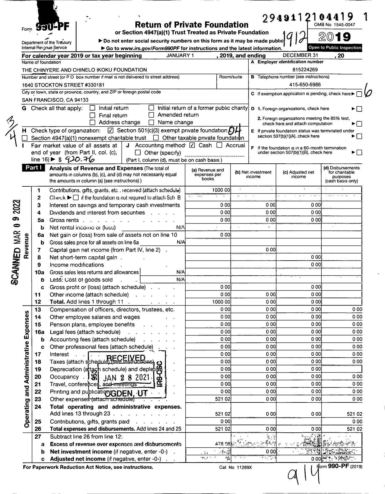 Image of first page of 2019 Form 990PF for Chinyere and Chinelo Ikoku Foundation