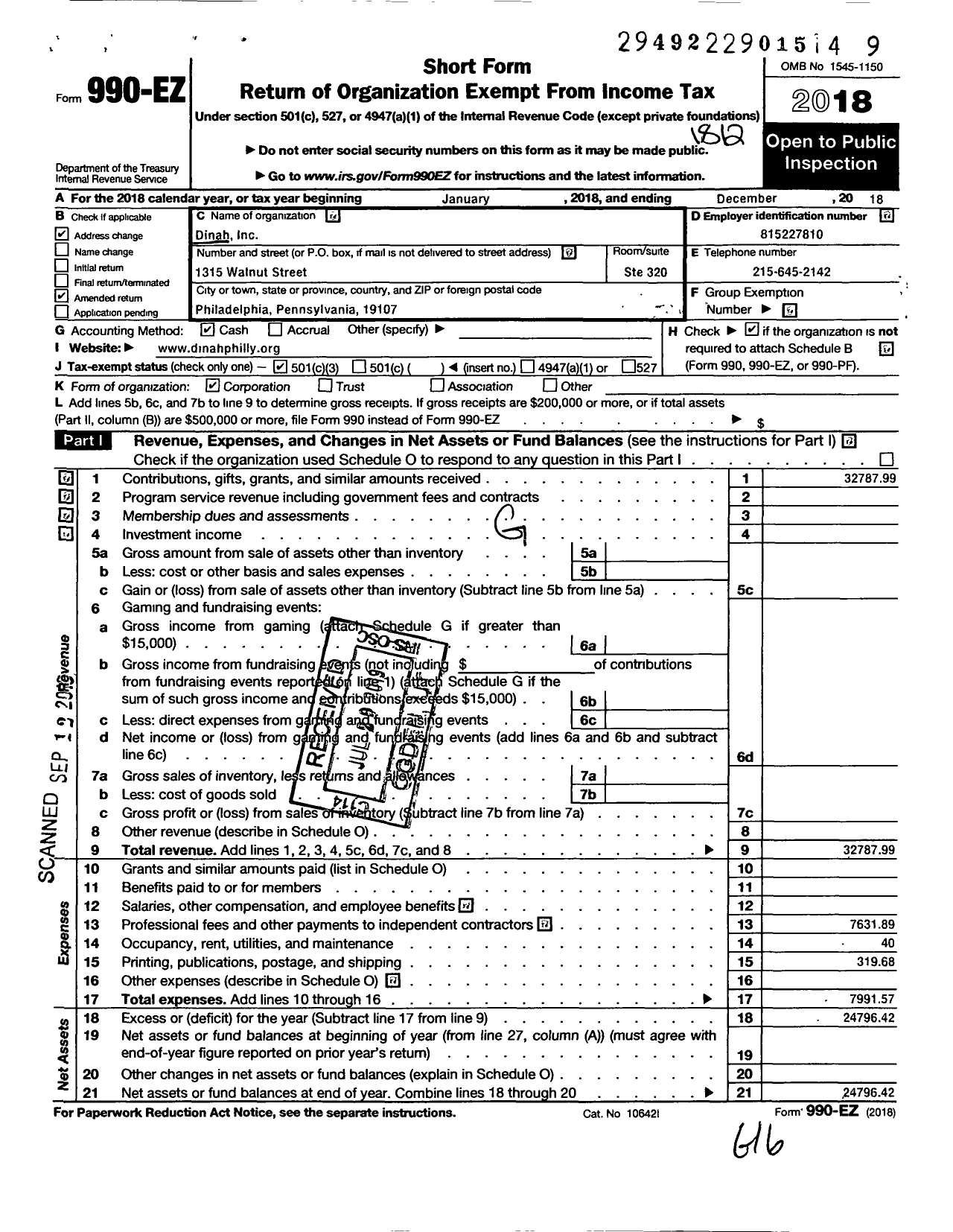 Image of first page of 2018 Form 990EZ for Dinah