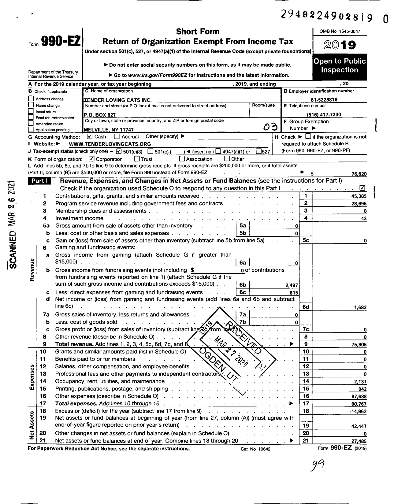 Image of first page of 2019 Form 990EZ for Tender Loving Cats