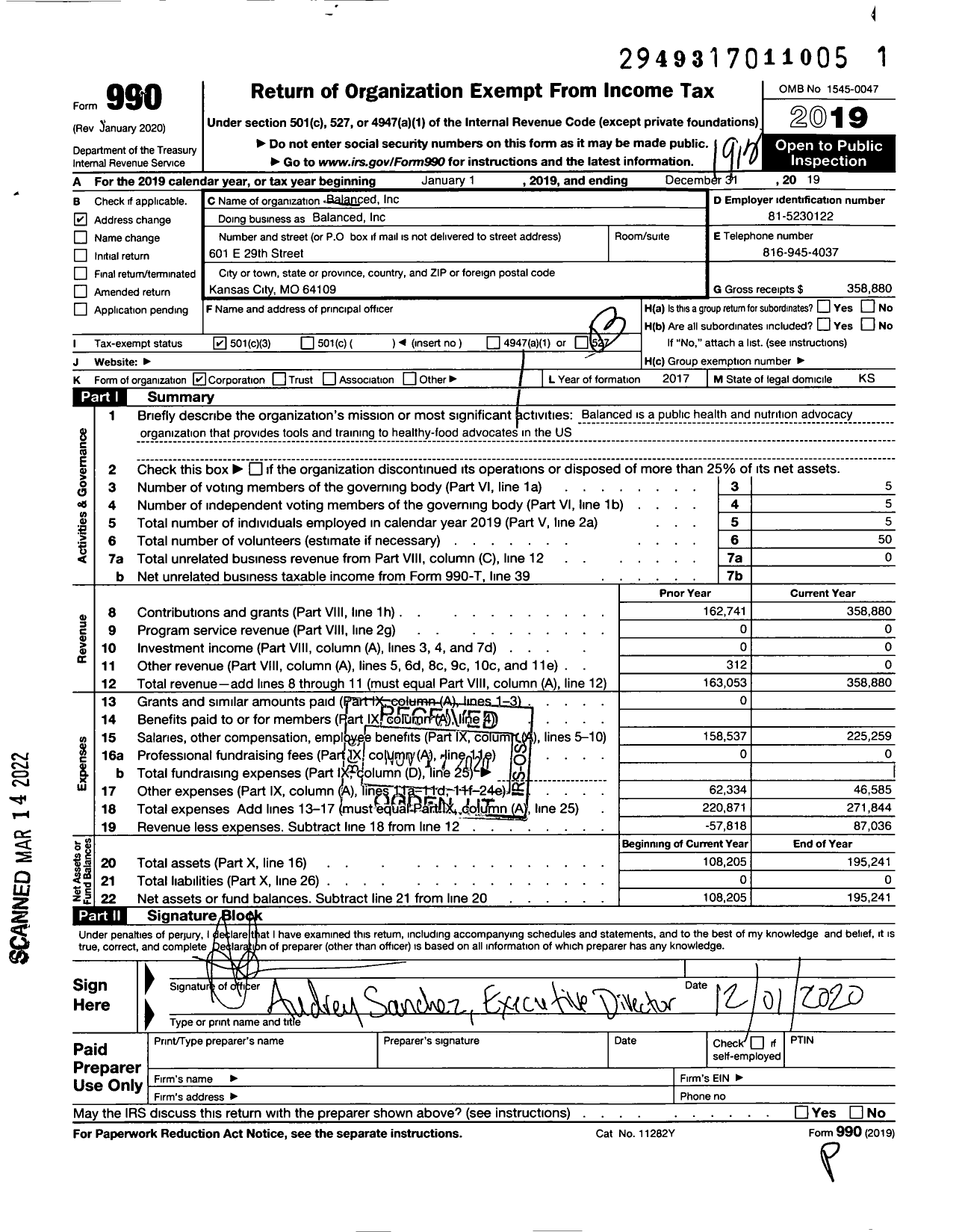 Image of first page of 2019 Form 990 for Balanced