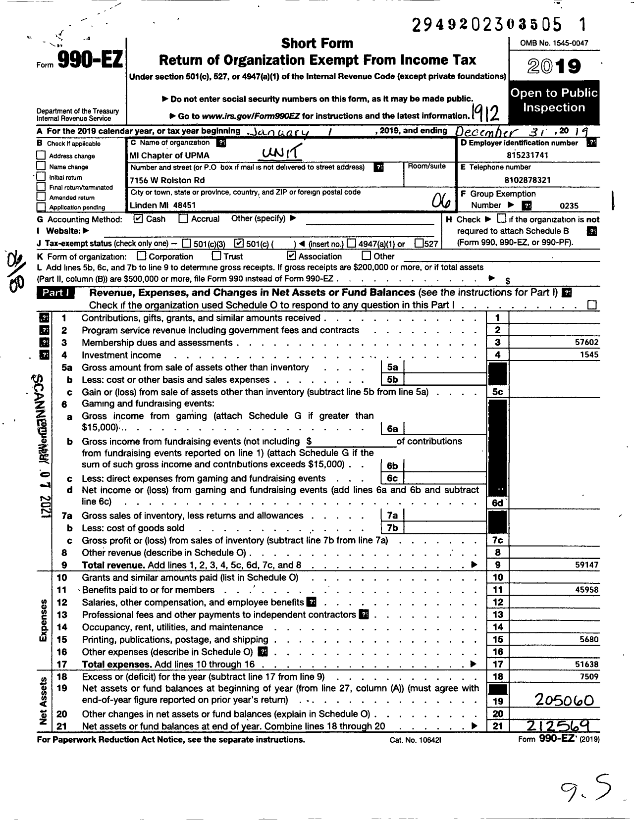 Image of first page of 2019 Form 990EO for Mi Chapter of Upma