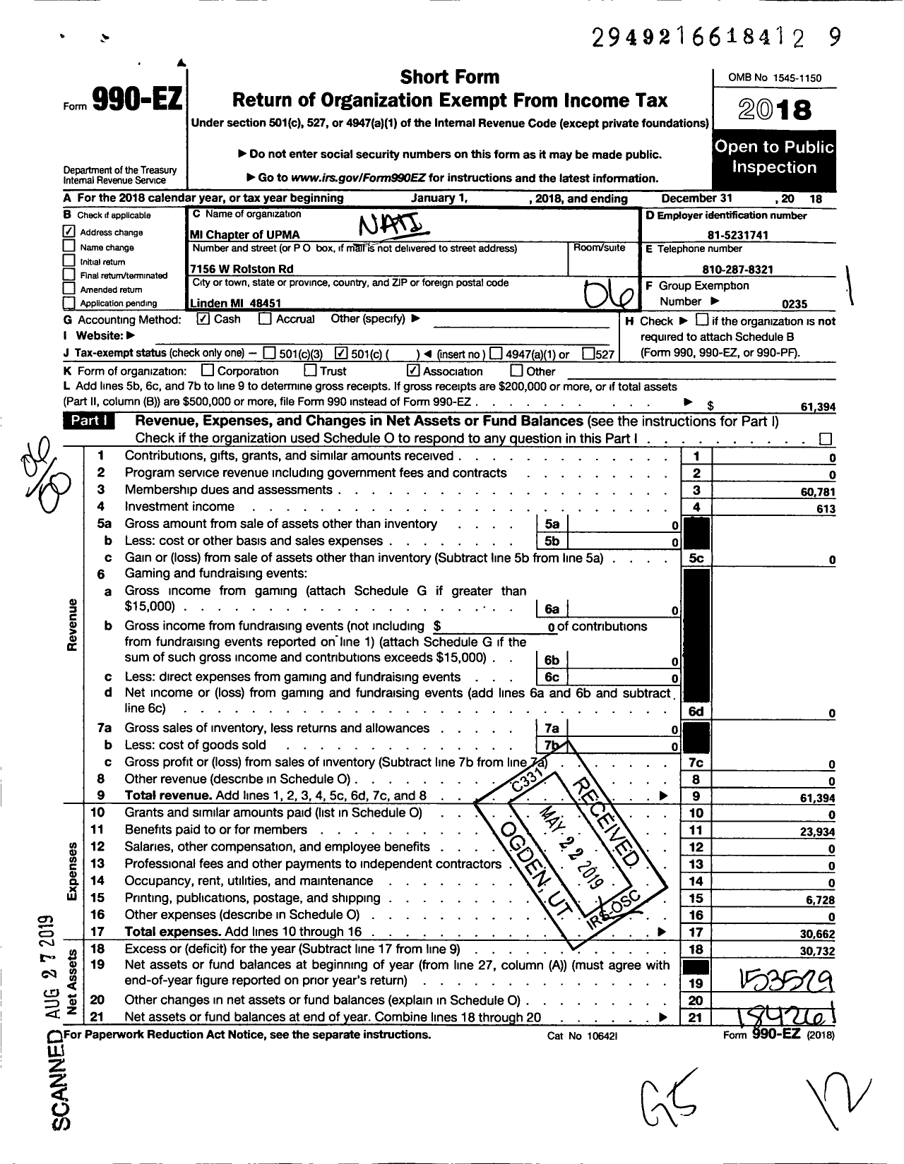 Image of first page of 2018 Form 990EO for Mi Chapter of Upma