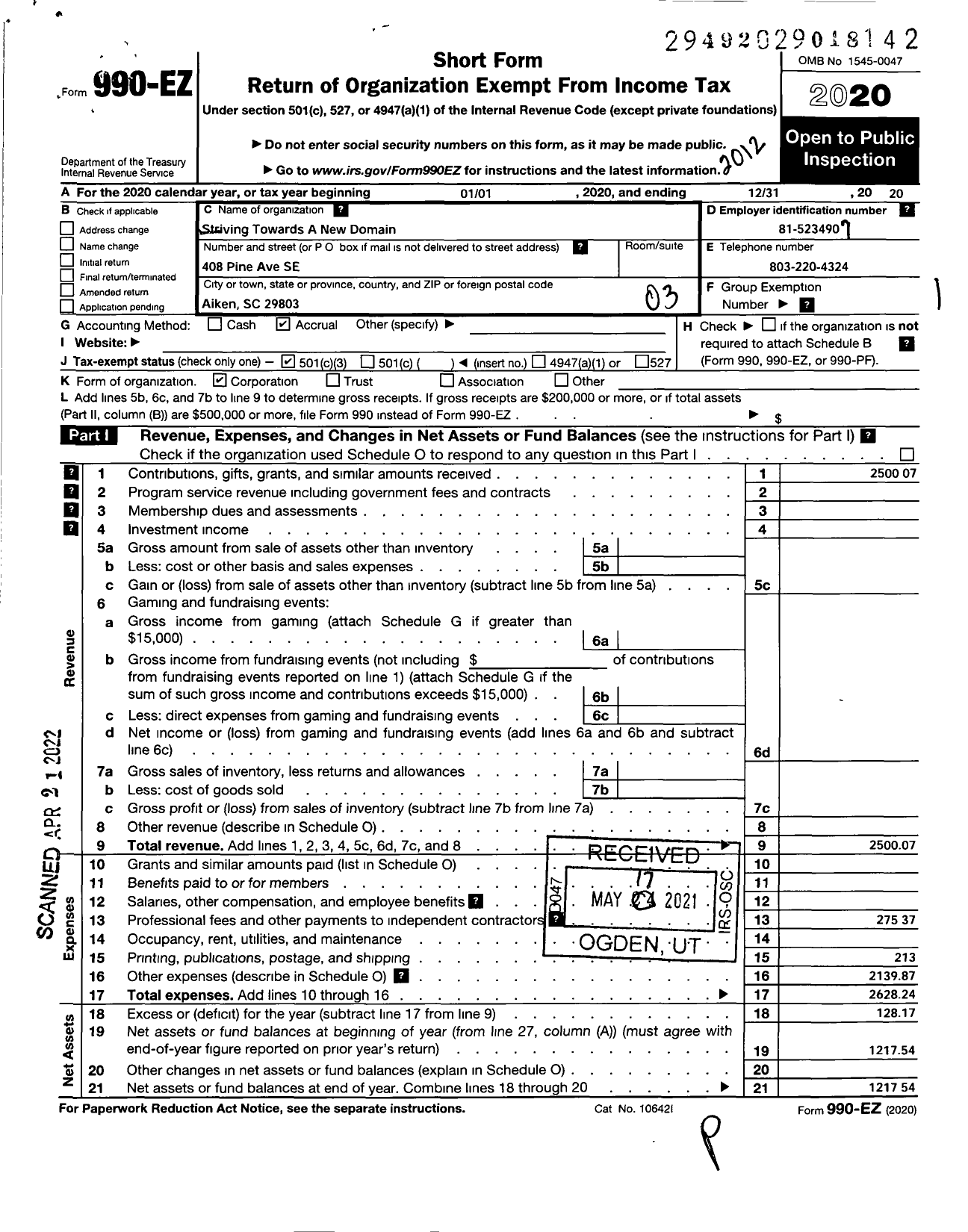 Image of first page of 2020 Form 990EZ for Striving Towards A New Domain