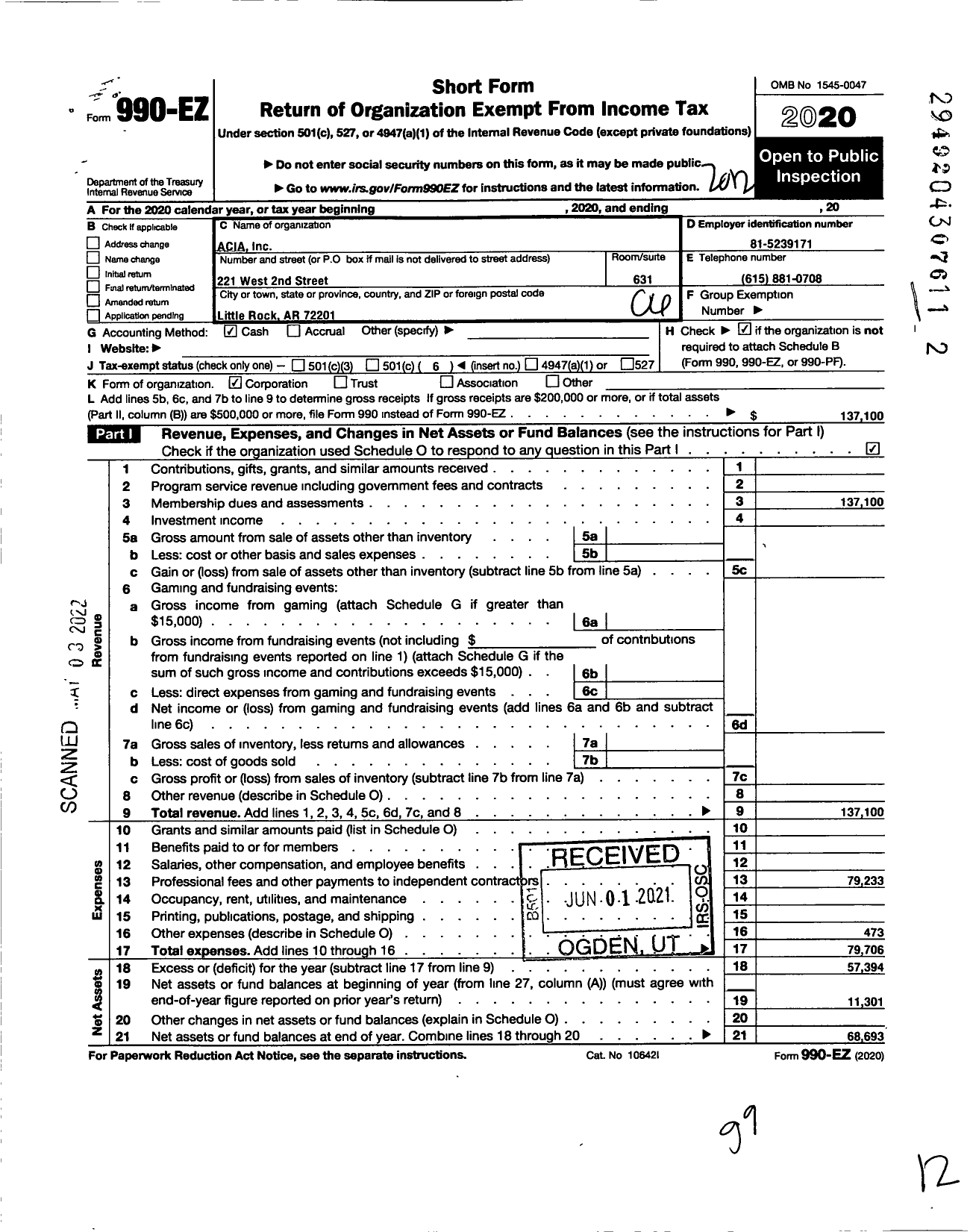 Image of first page of 2020 Form 990EO for ACIA Inc Arkansas Cannabis Industry Association